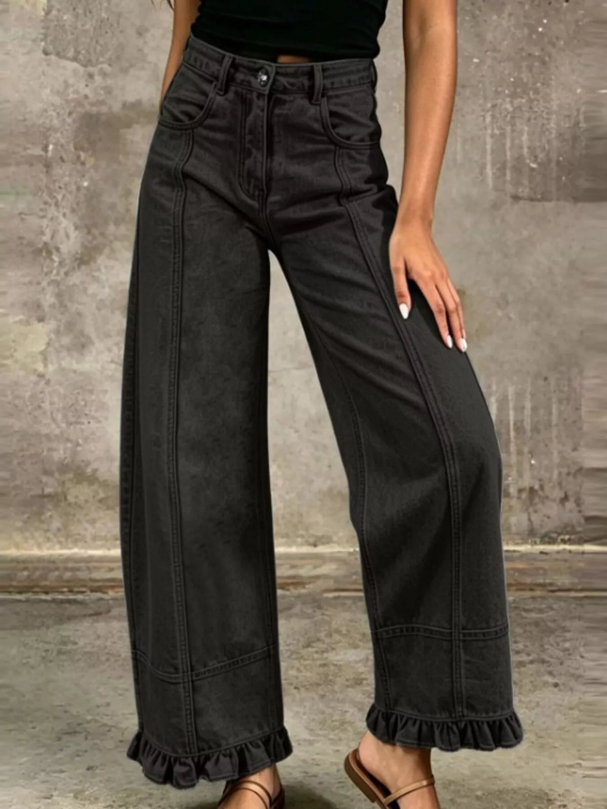 High-Waisted Wide-Leg Ruffle Hem Jeans by Invera