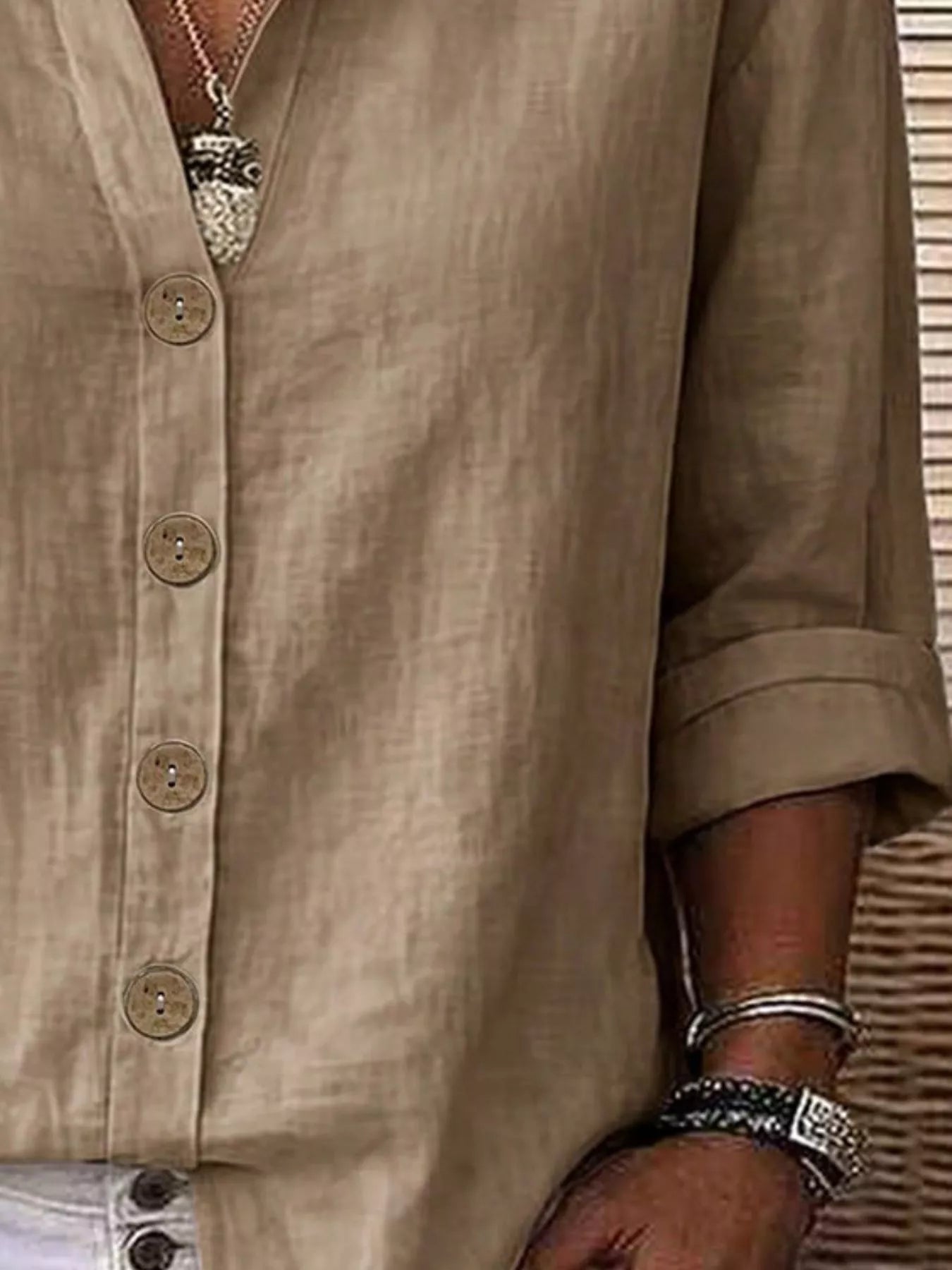 V-Neck Button-Up Long Sleeve Shirt