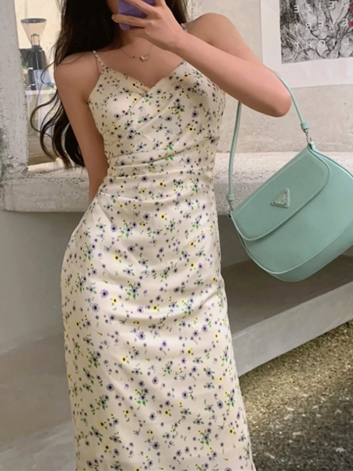Floral Ruched Midi Dress in Beige