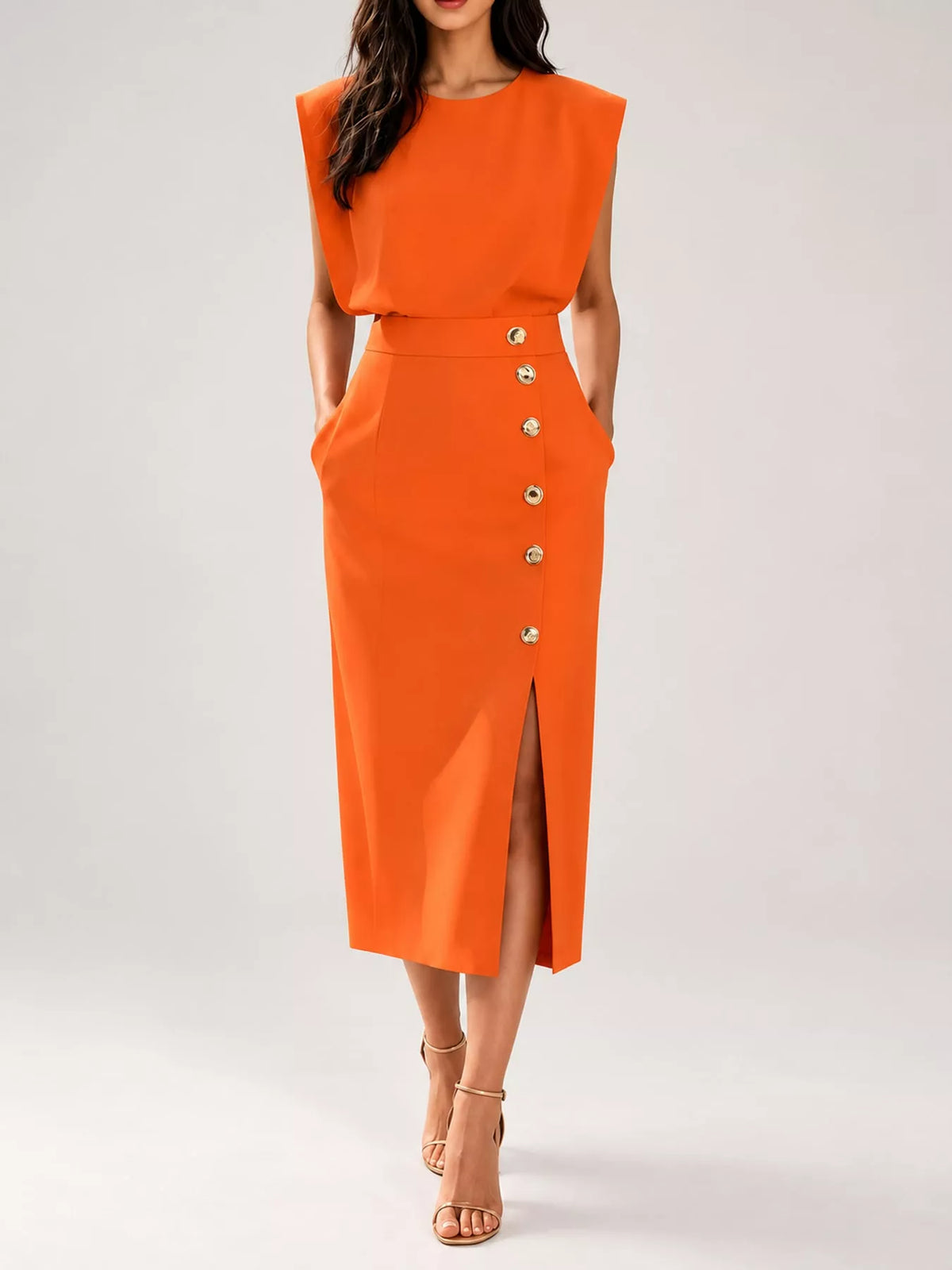 Sleeveless Midi Dress with Gold Button Detail