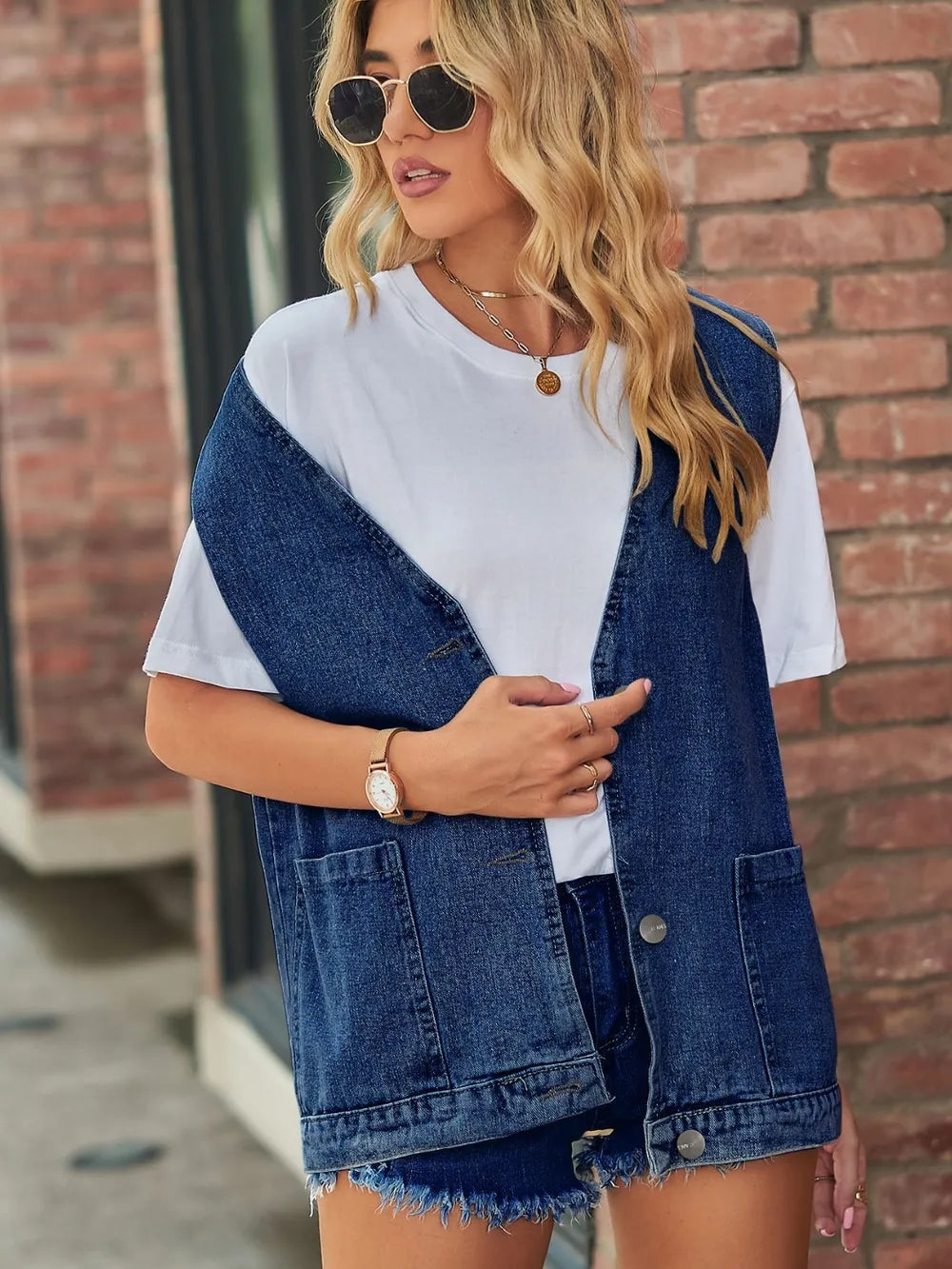 V-Neck Button-Up Denim Vest in Medium by Moni Wear