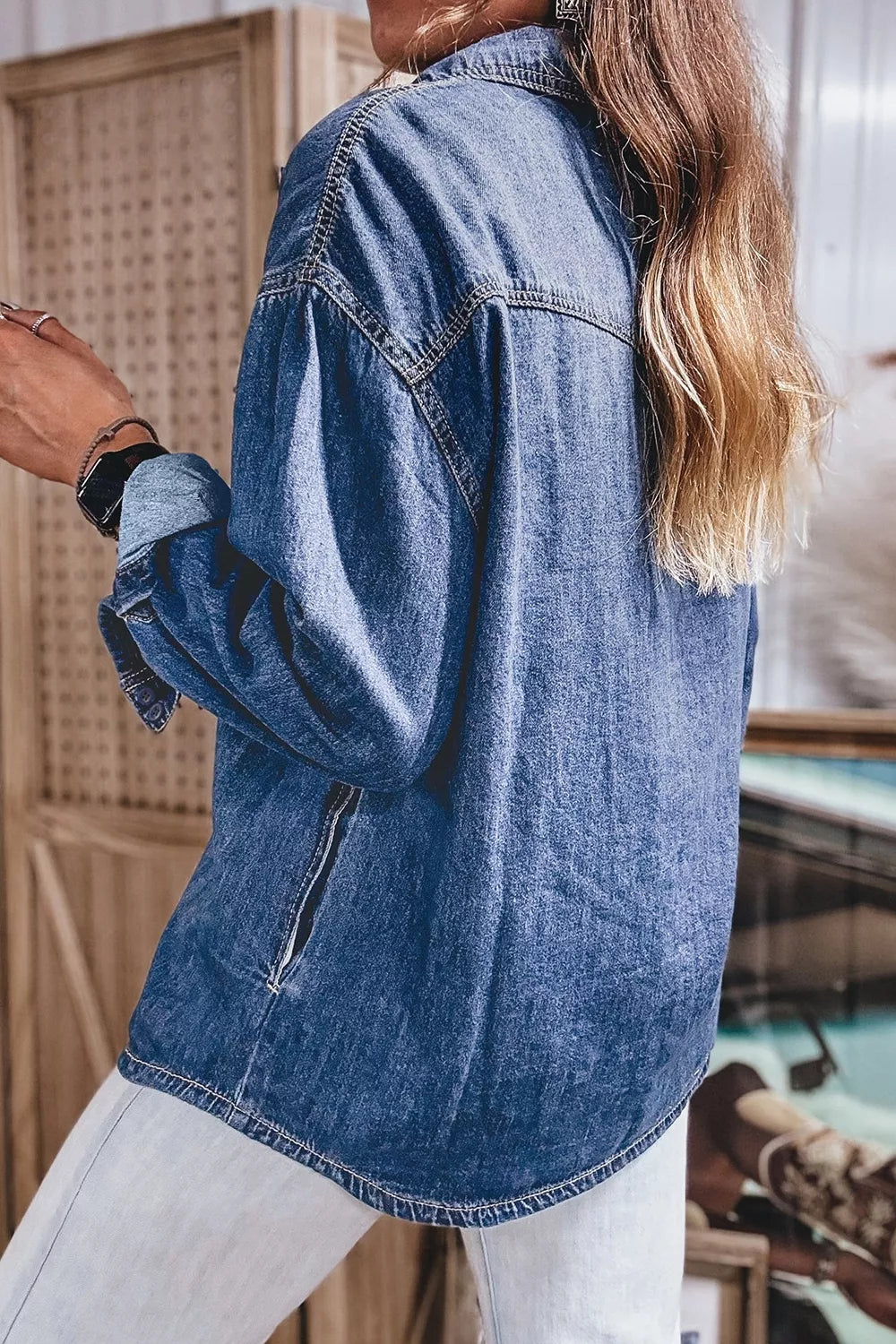 Western Patch-Pocket Denim Tunic in Dusty Blue
