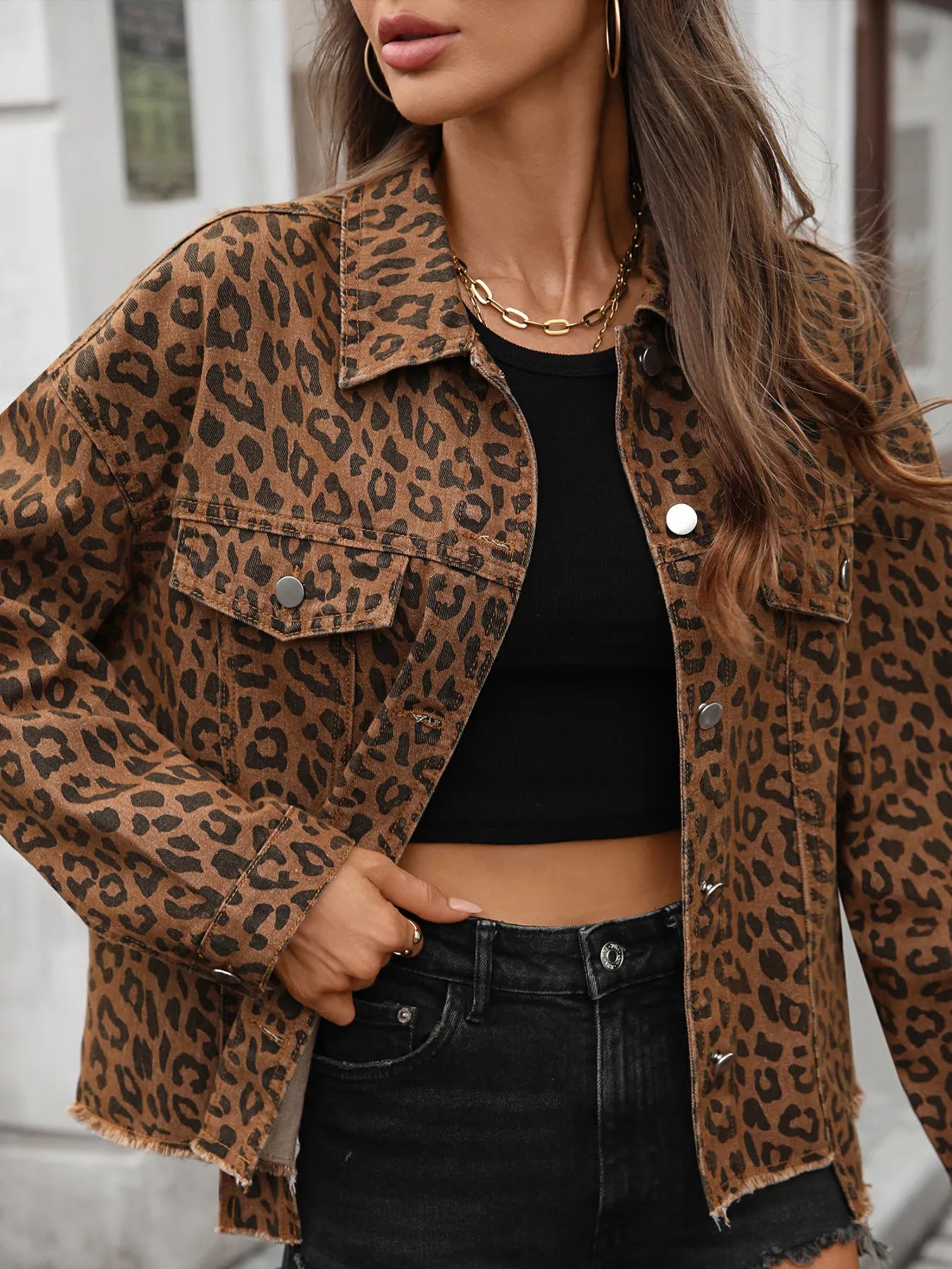 Leopard Print Raw Hem Denim Jacket by Moni Wear