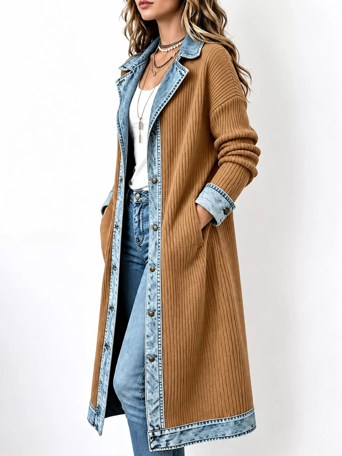 Denim-Trimmed Longline Cardigan