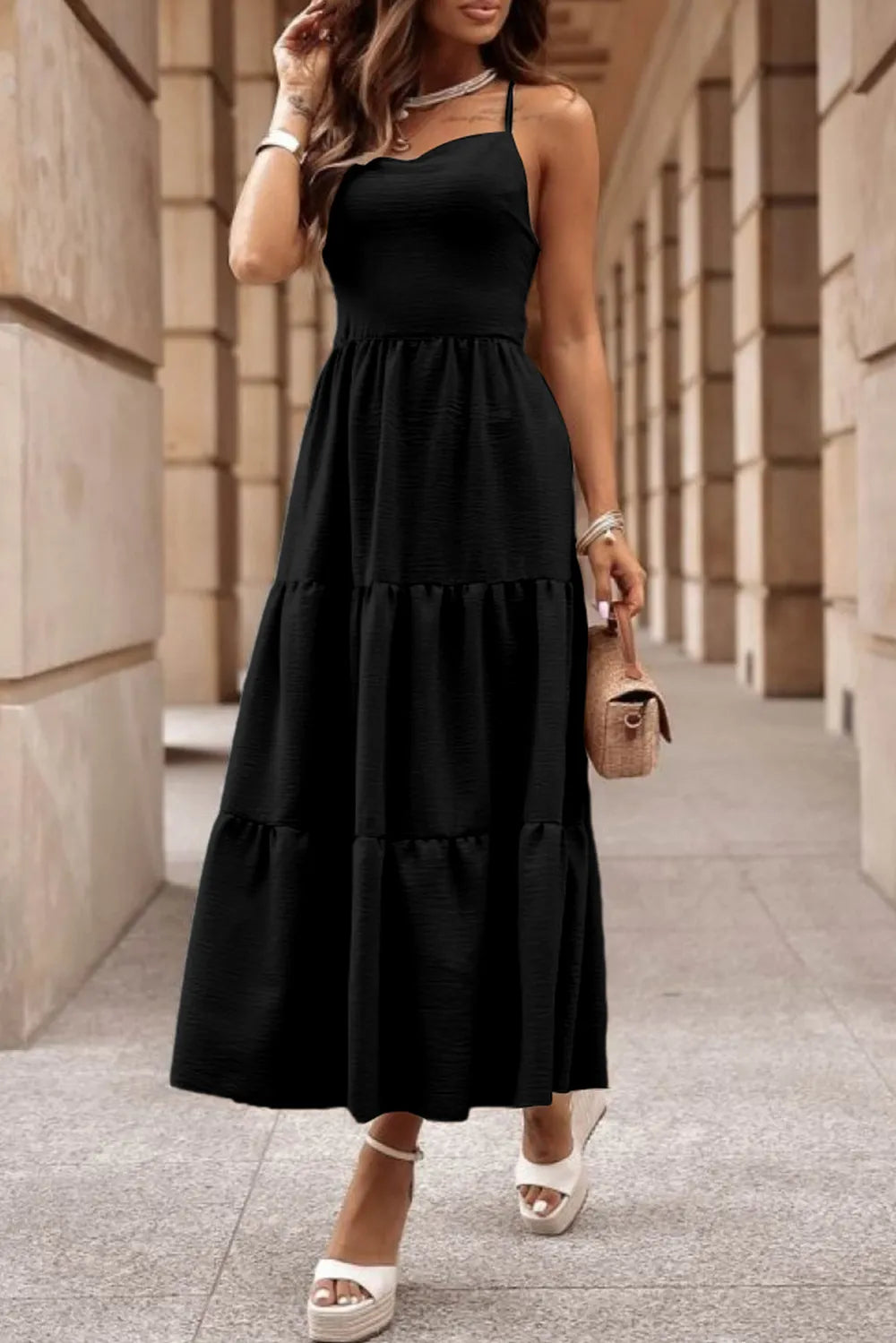 Crisscross Spaghetti Strap Tiered Dress