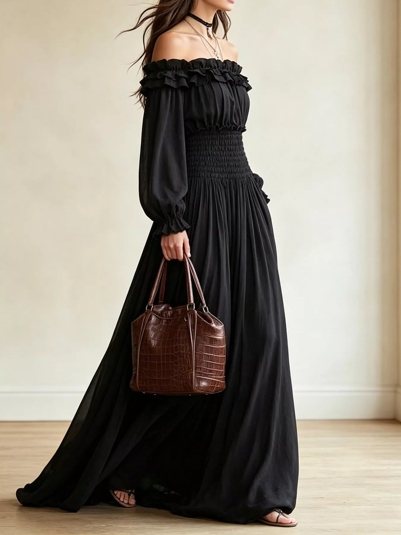 Off-Shoulder Smocked-Waist Maxi Dress