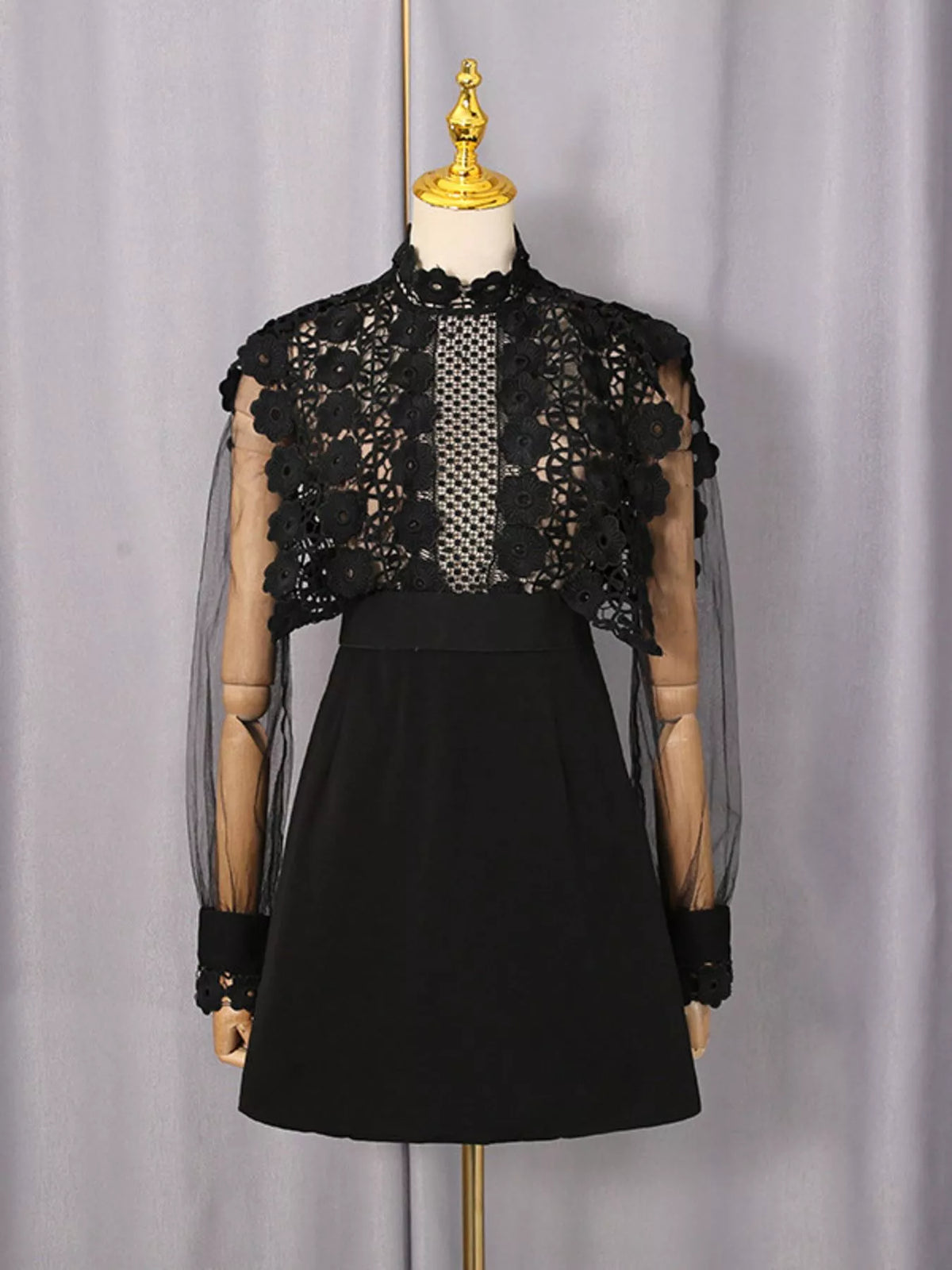 Lace Sheer Sleeve Mini Dress in Black