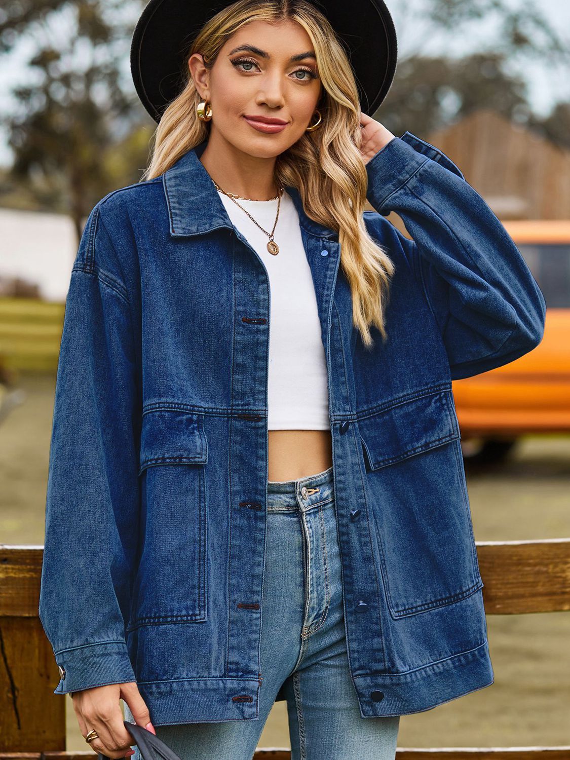 Dropped Shoulder Denim Jacket with Pockets by Manny