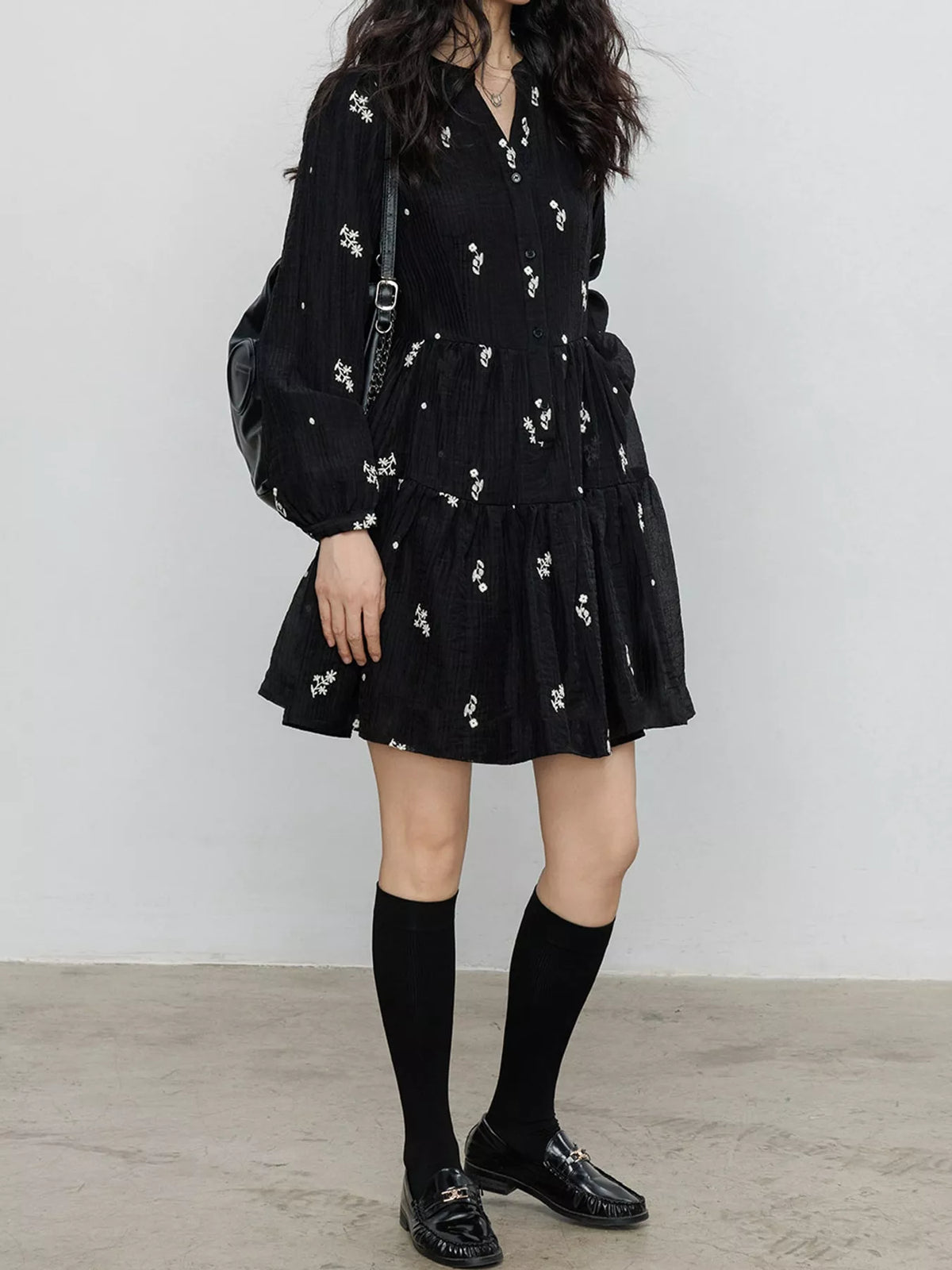 Floral Tiered Mini Dress in Black