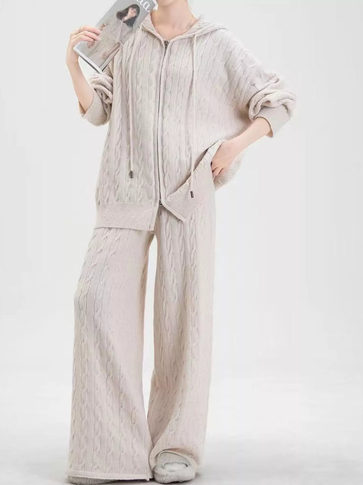 Cable Knit Zip-Up Hooded Cardigan and Wide-Leg Pants Set