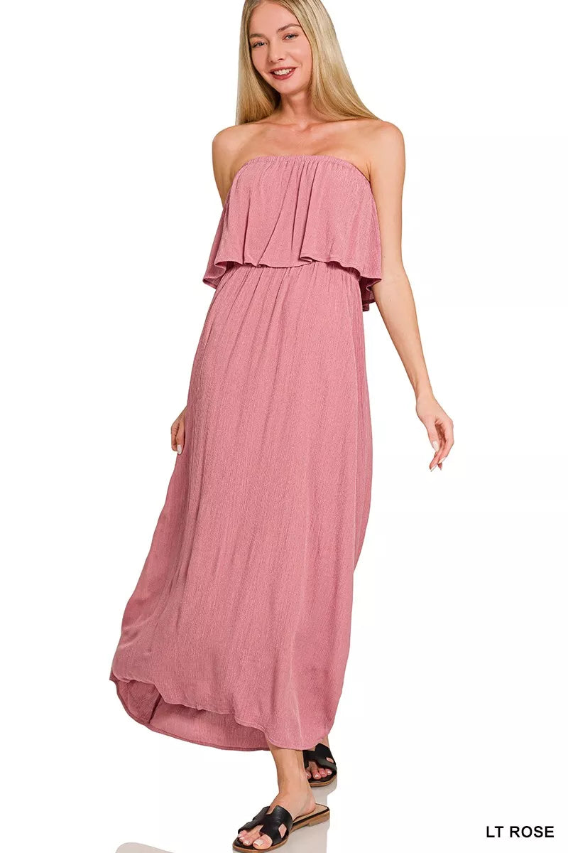 Zenana Crinkle Strapless Maxi Dress in Light Rose in Lt rose