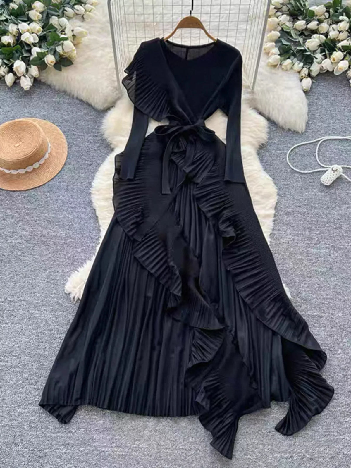 Ruffle-Trim Pleated Midi Dress