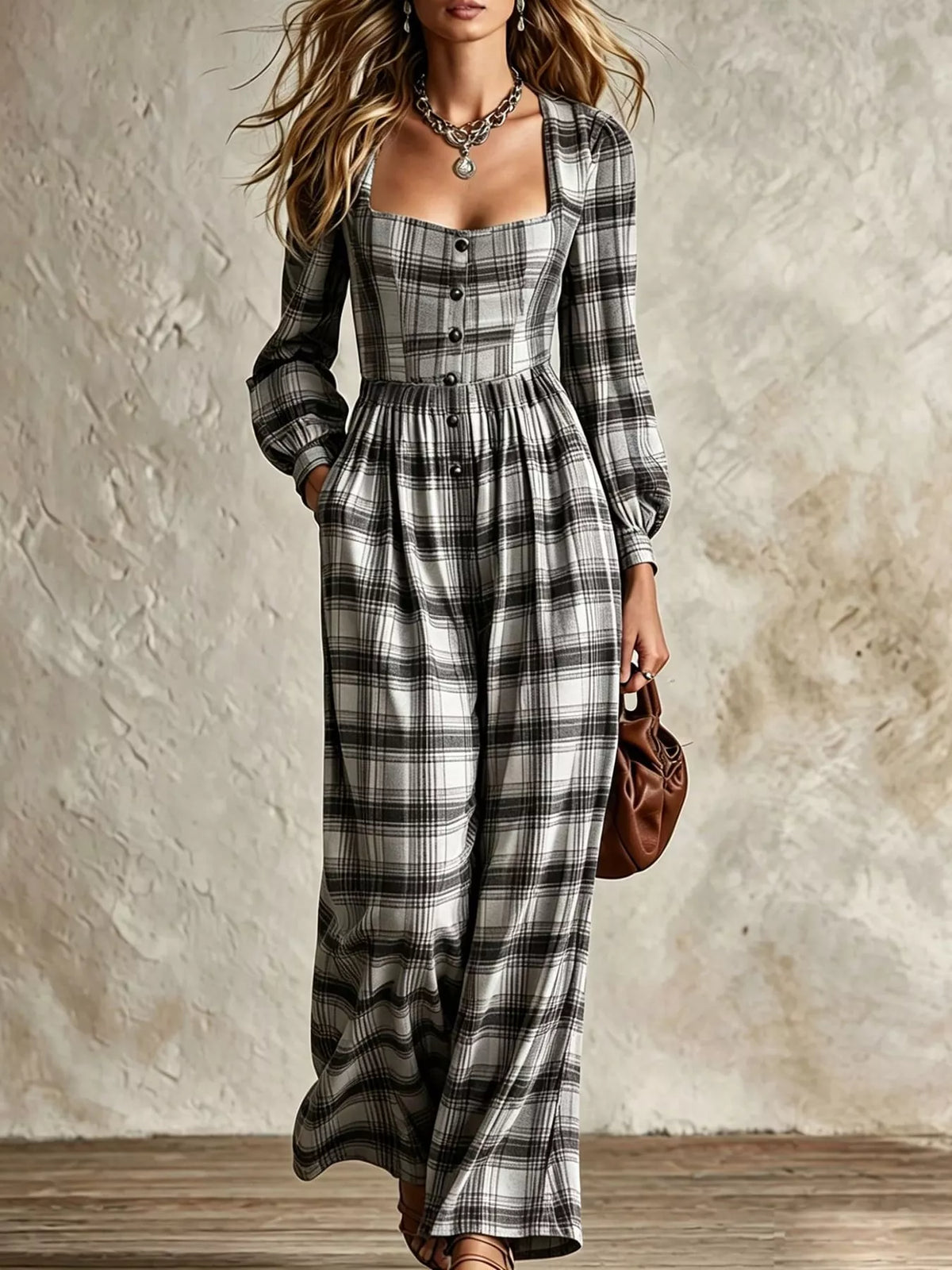 Plaid Square-Neck Wide-Leg Jumpsuit