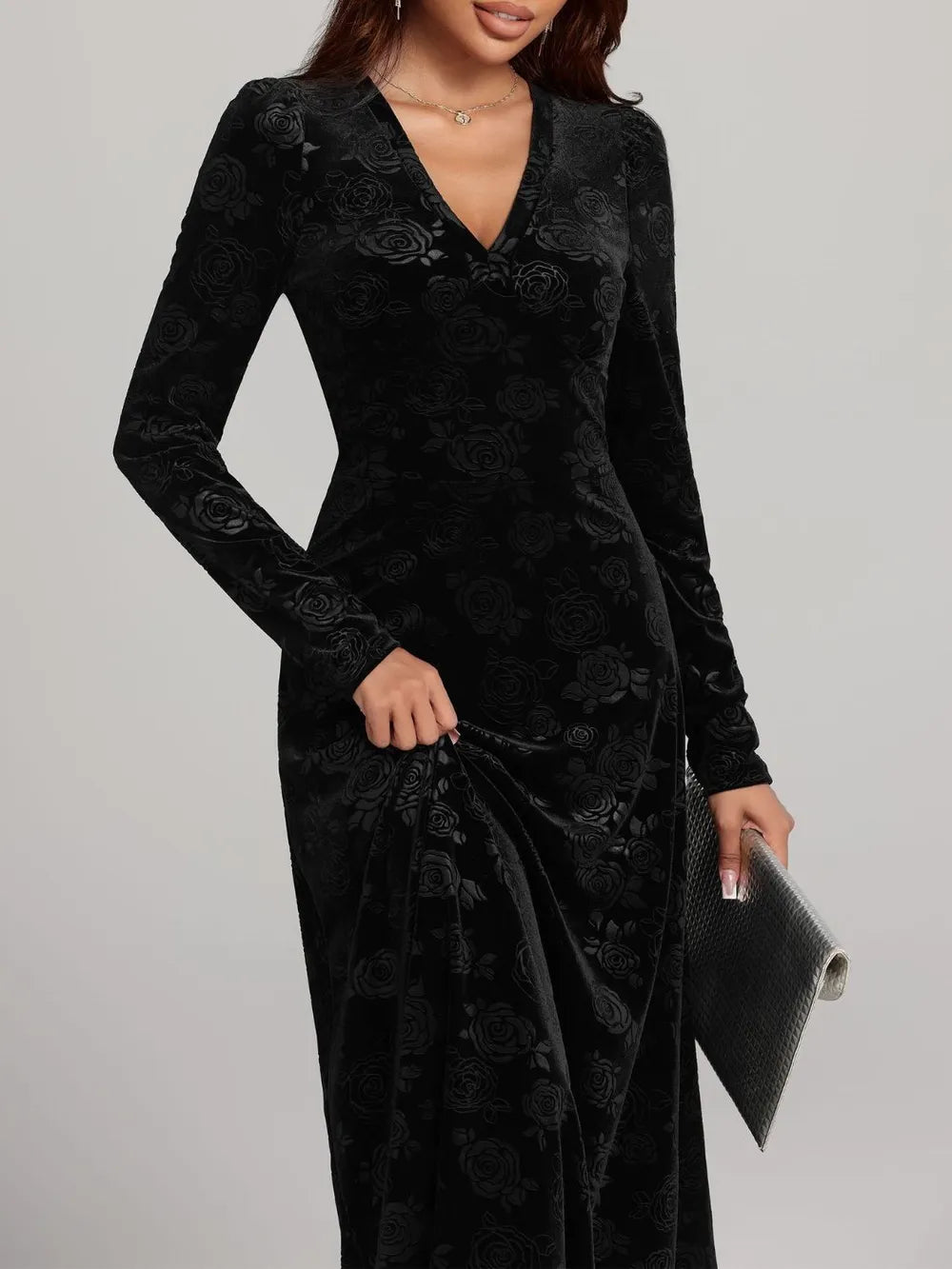 Rose Print V-Neck Dress in Black