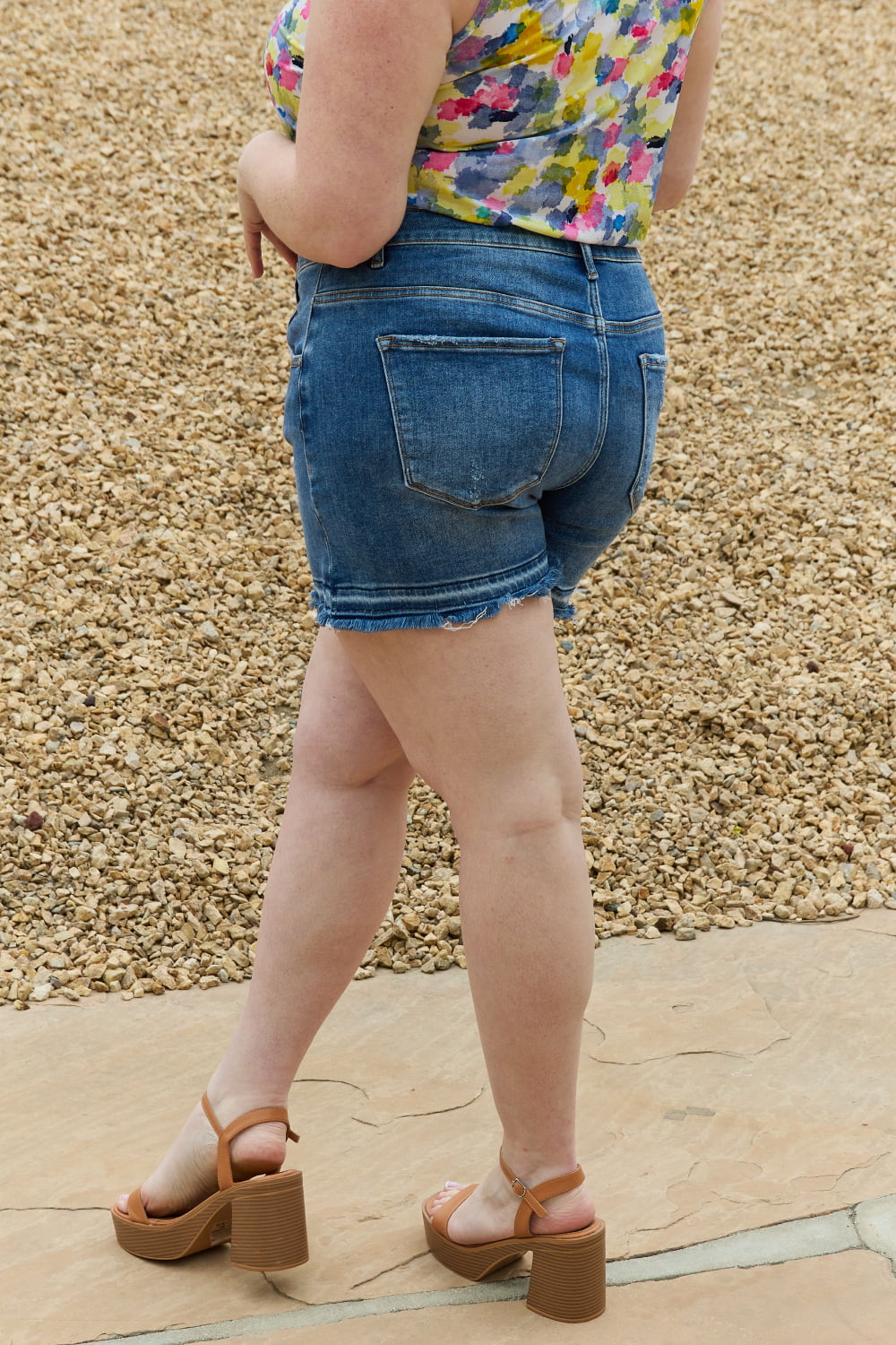 Risen Maya Asymmetrical-Button Shorts in Medium Wash
