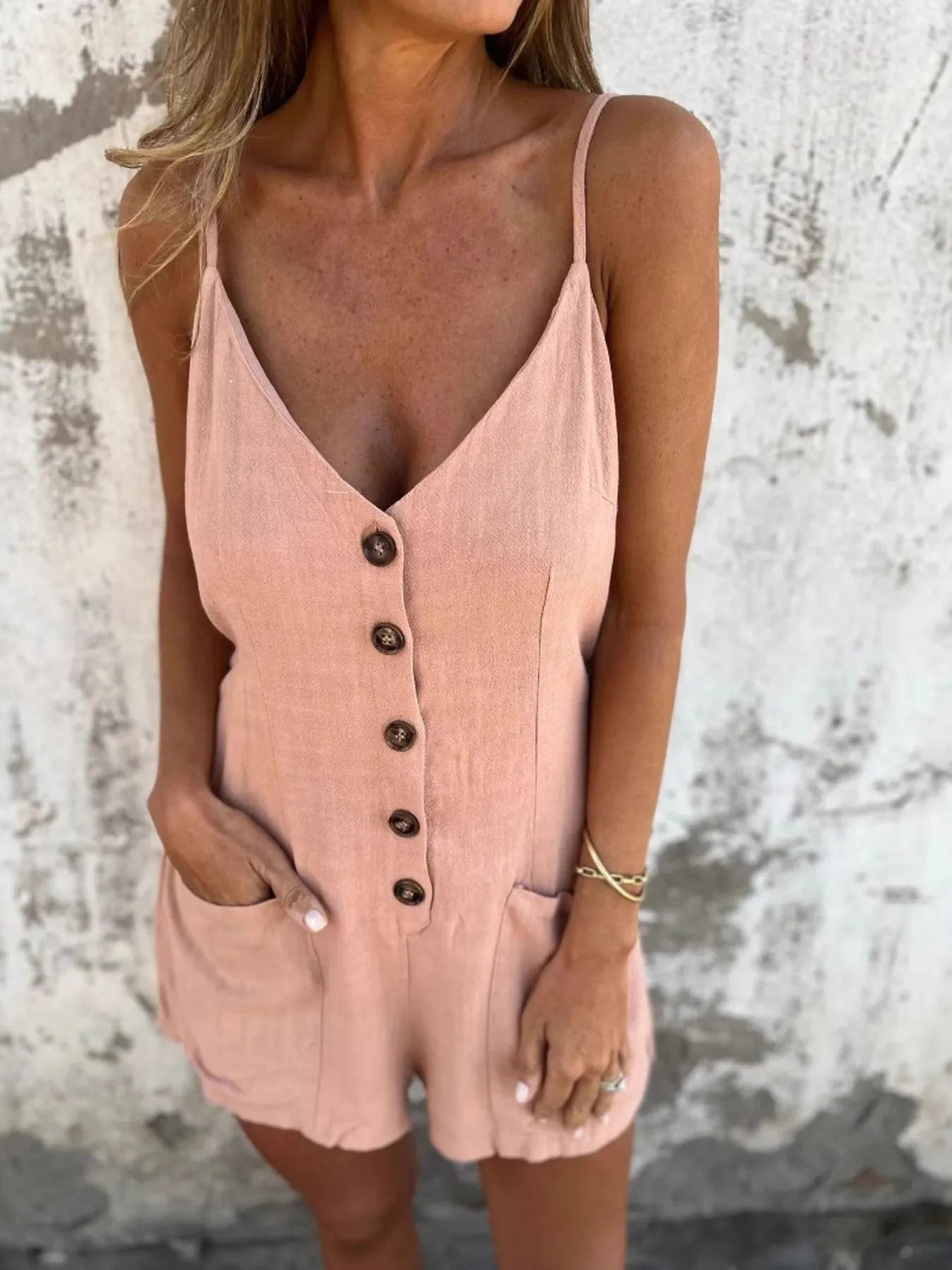 Button-Front Belted Cami Romper