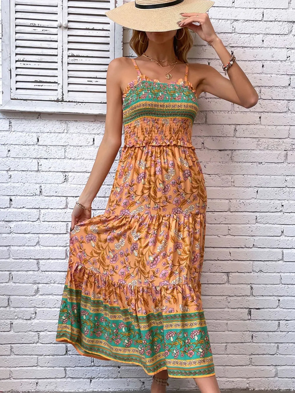 Printed Square Neck Cami Dress in Ochre