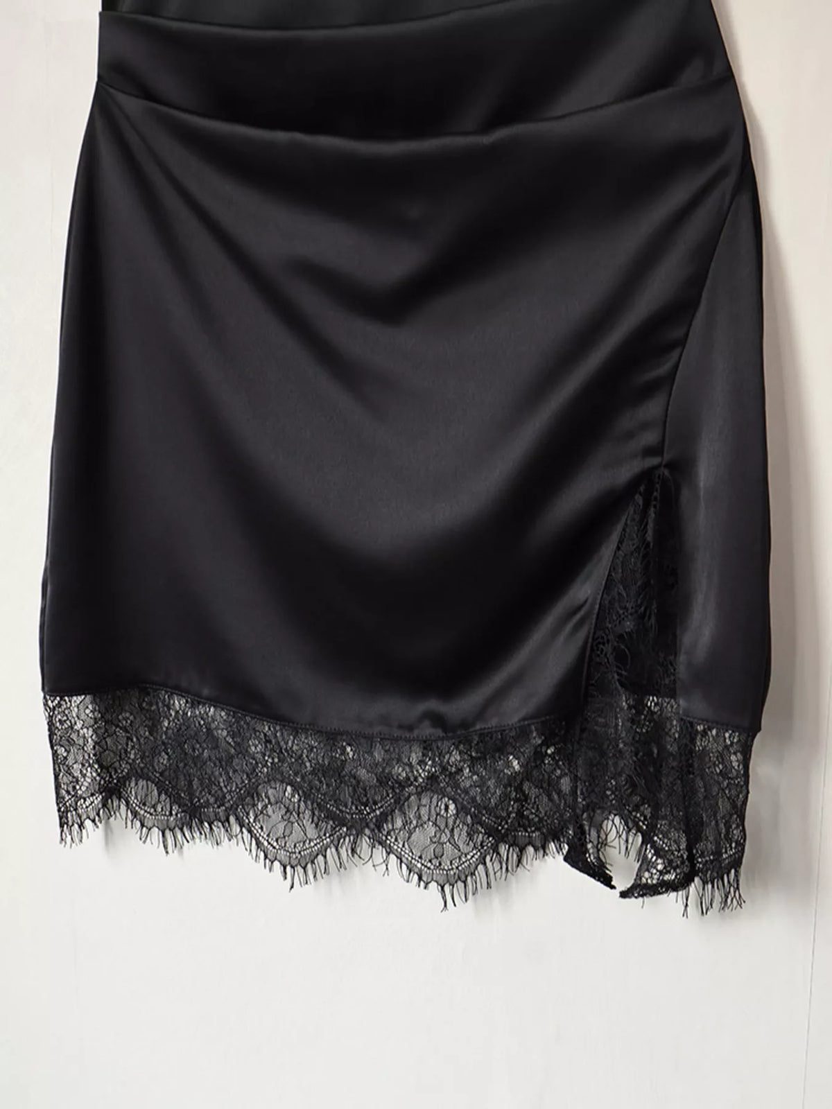 Satin Mock Neck Sleeveless Mini Dress with Lace Hem in Black