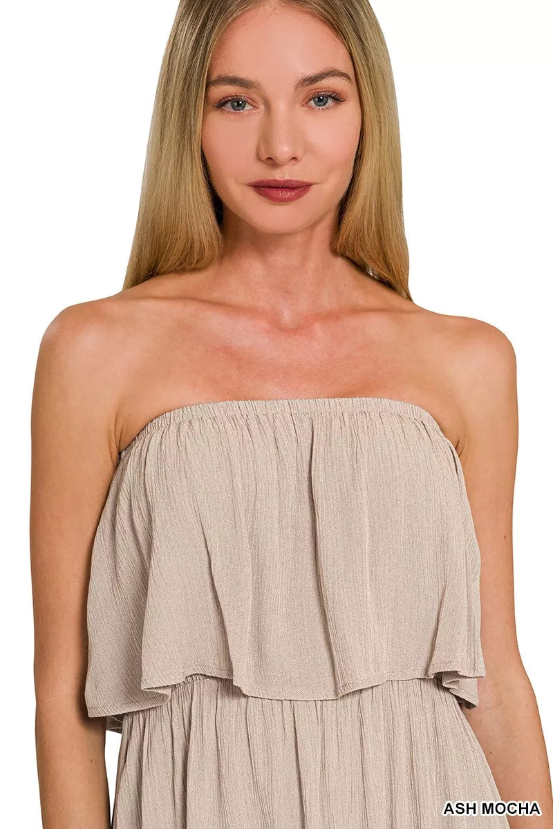 Zenana Woven Crinkle Strapless Maxi Dress in Ash Mocha