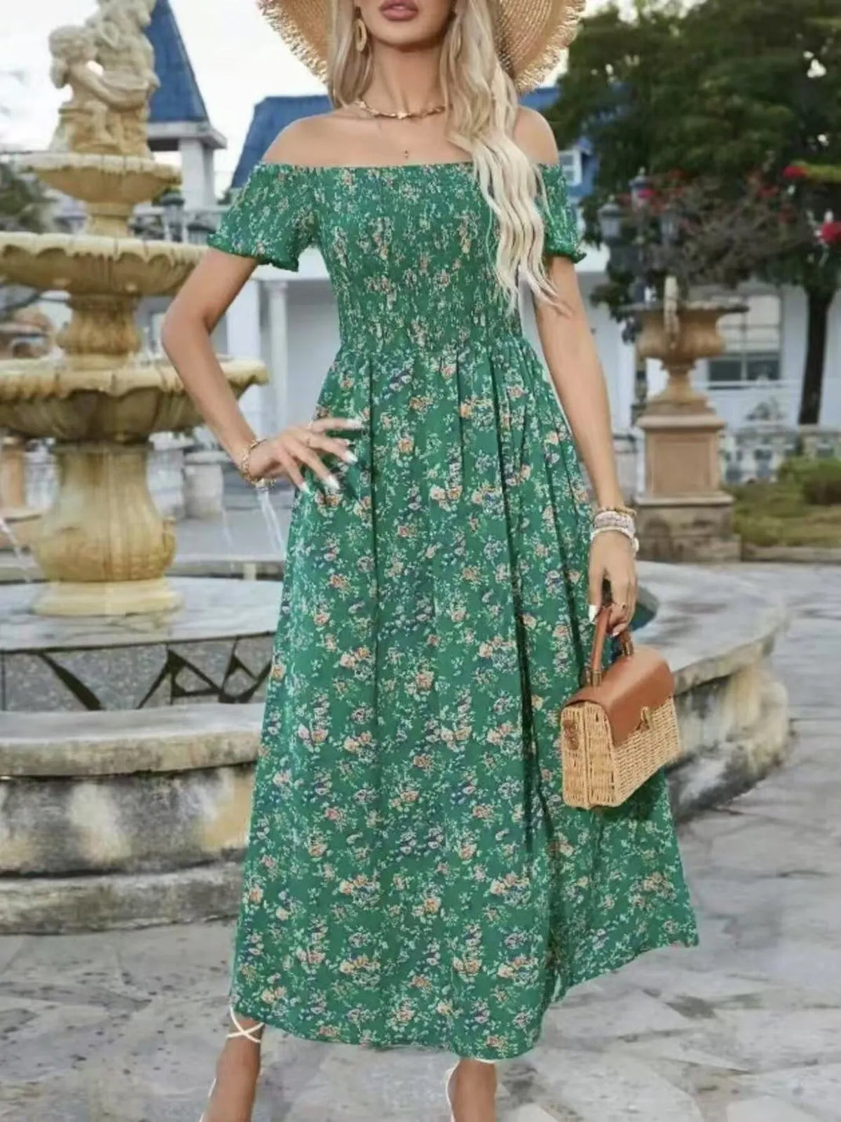 Off-Shoulder Smocked Floral Midi Dress