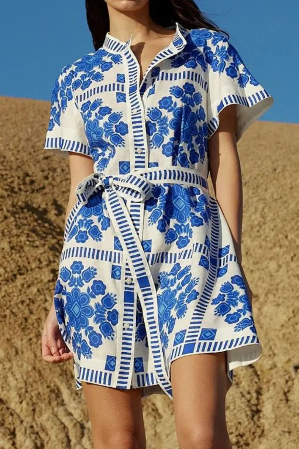 Printed Button-Front Tie Waist Dress