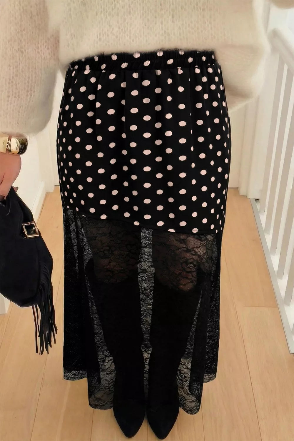Polka Dot Patchwork Lace Maxi Skirt in Black
