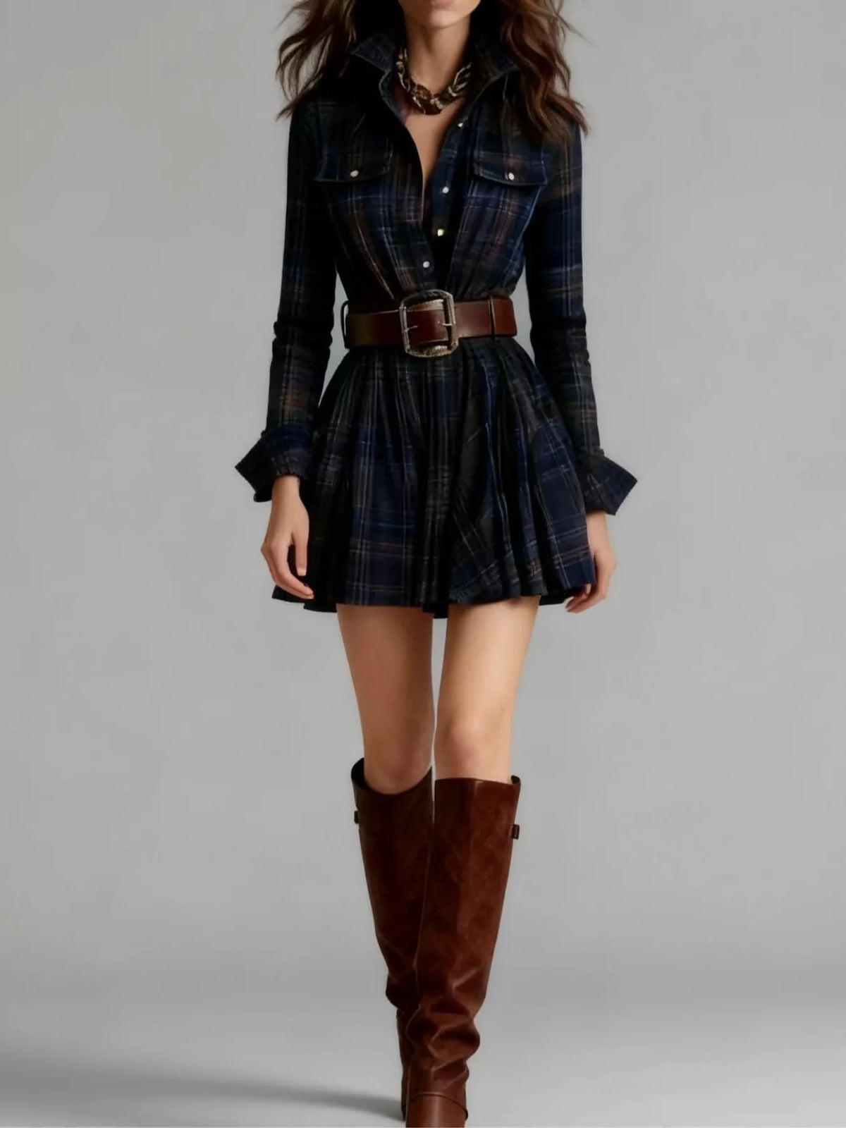 Plaid Long-Sleeve Shirt Dress with Belt