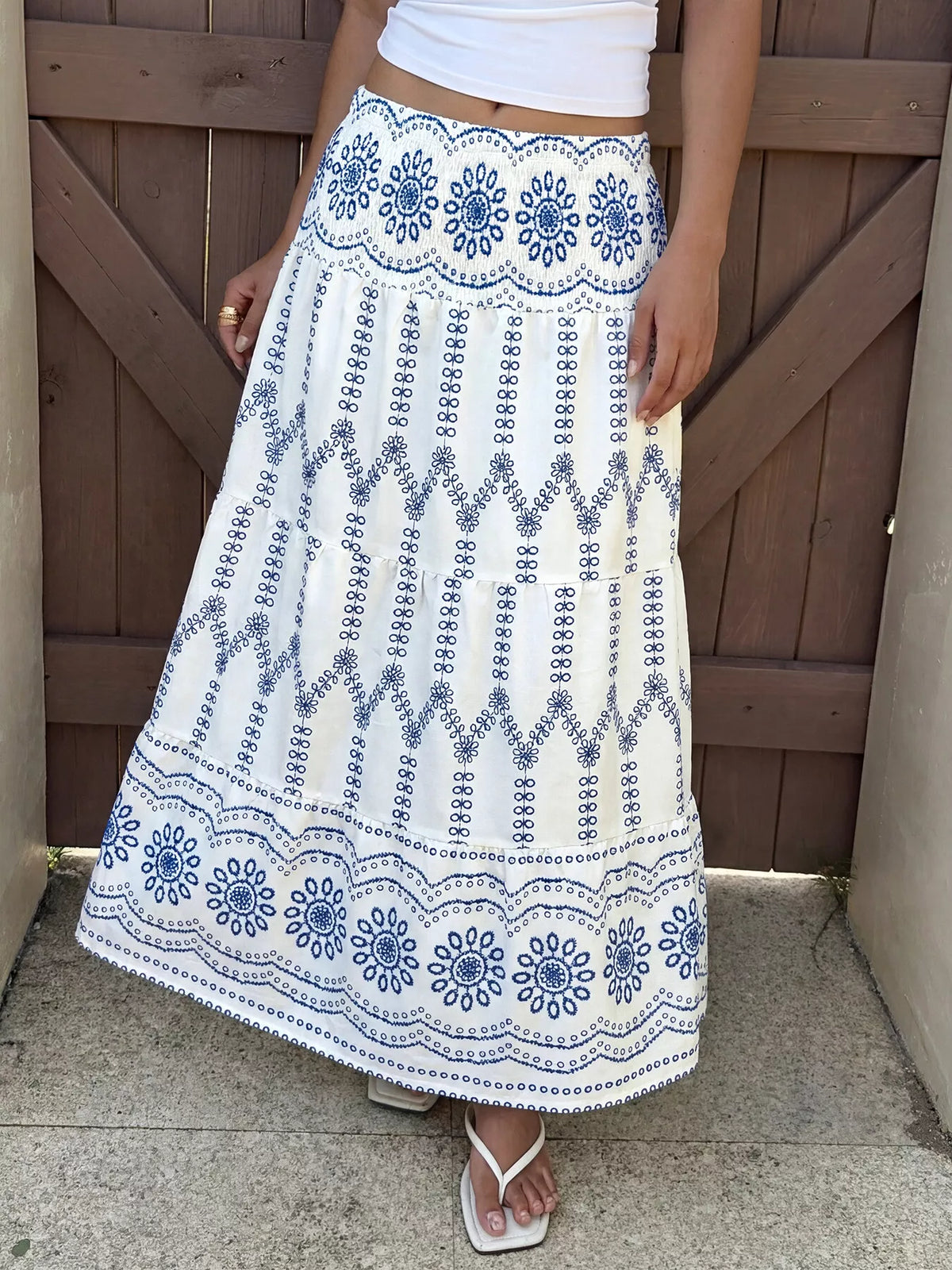 Printed Tiered Maxi Skirt in Blue