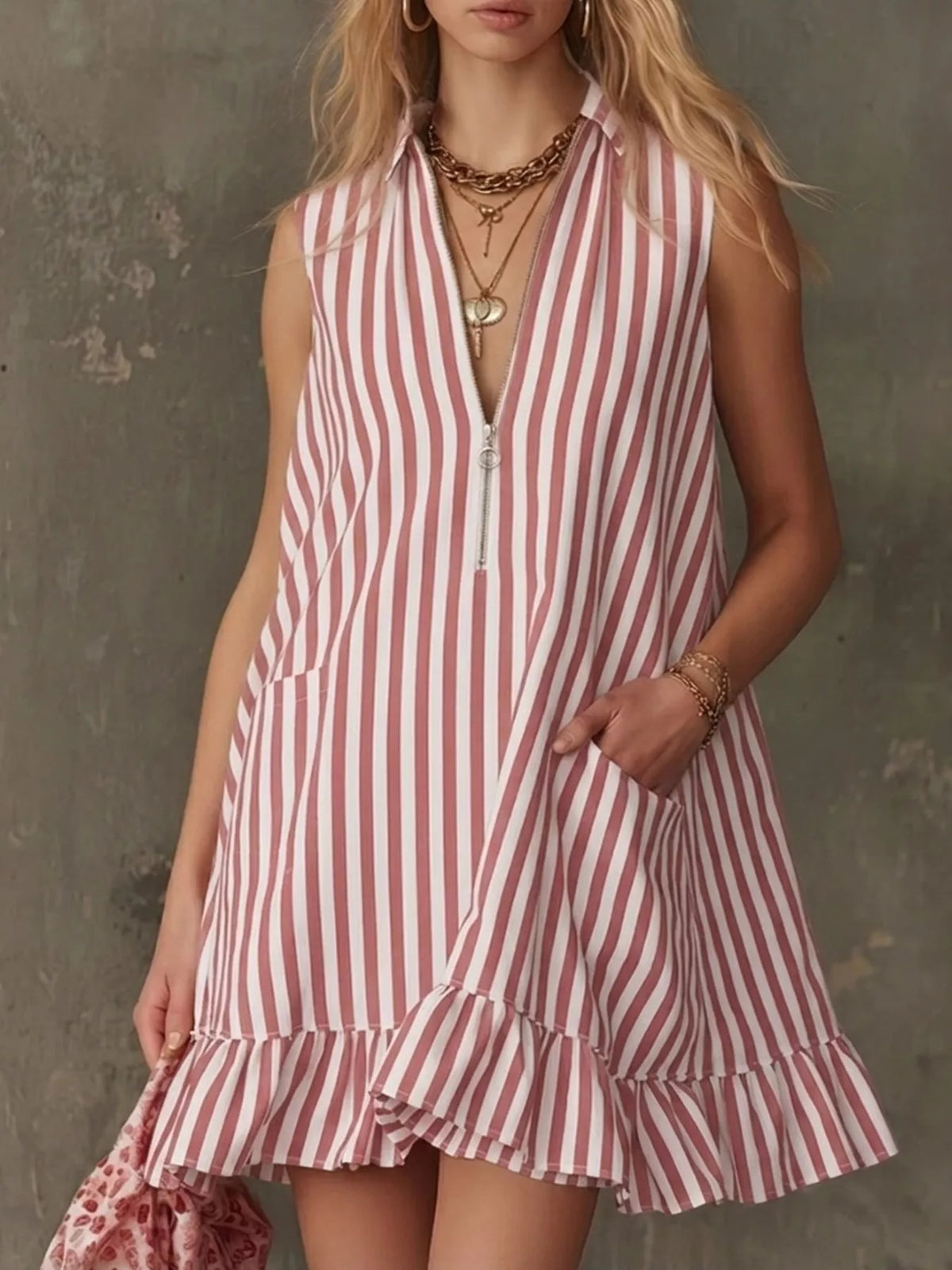 Striped Zipper-Neck Ruffle Hem Dress