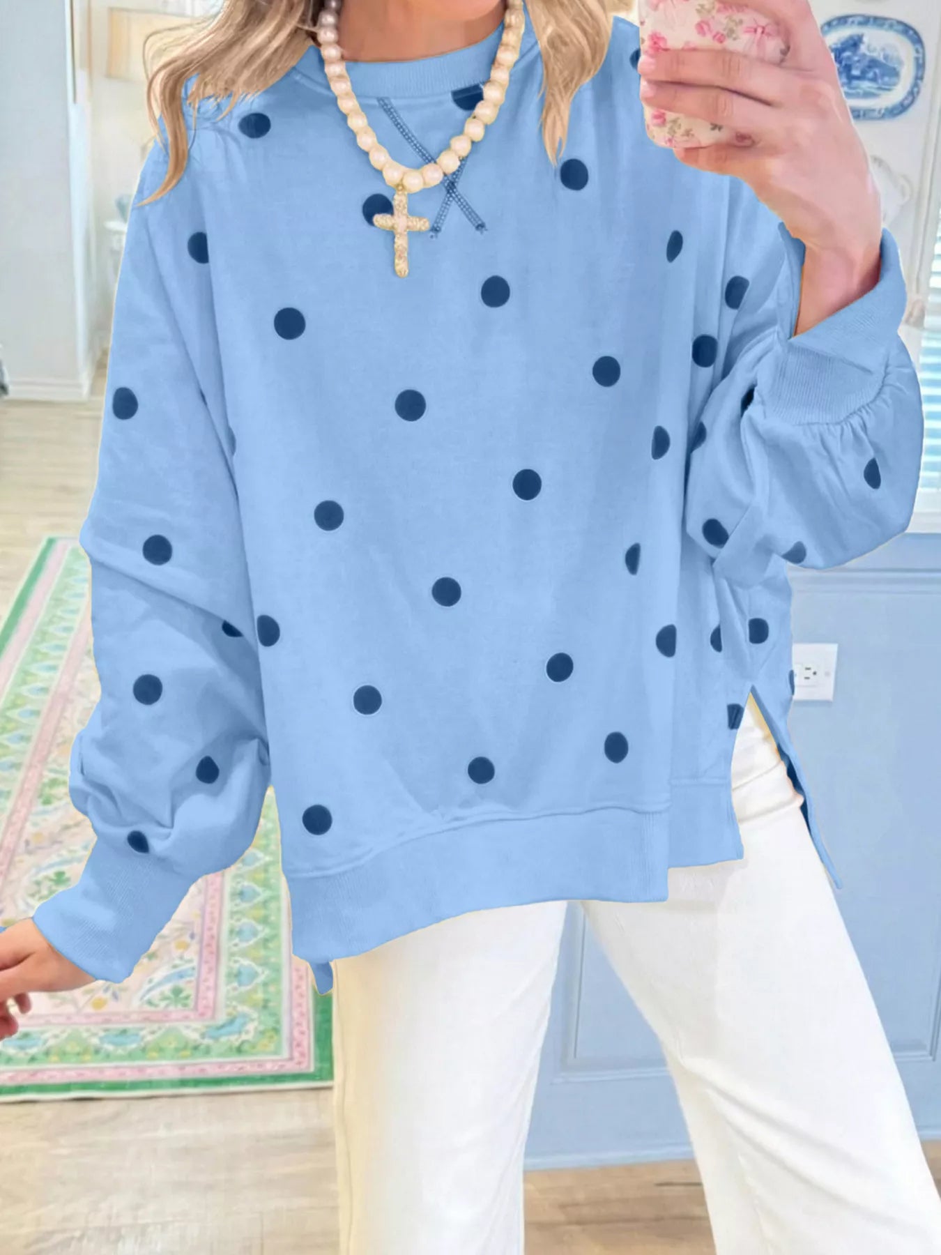 Side Slit Polka Dot Sweatshirt