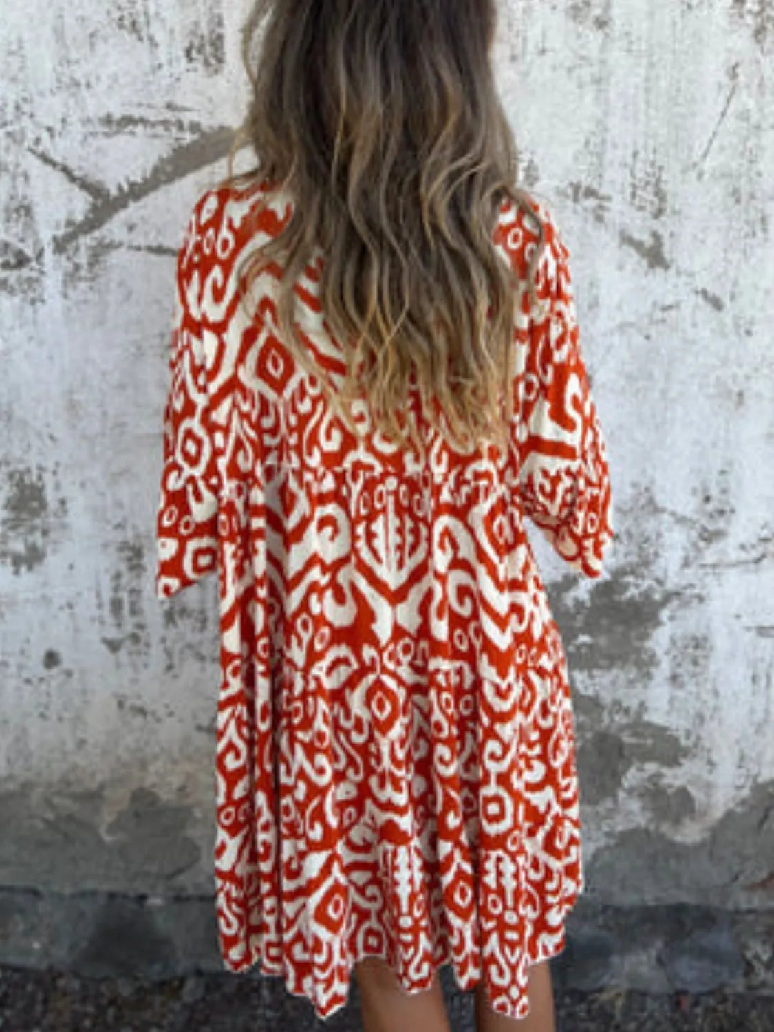 Notched Half Sleeve Printed Plus Size Dress