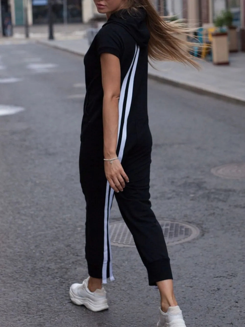 Striped Hooded Jumpsuit in Black