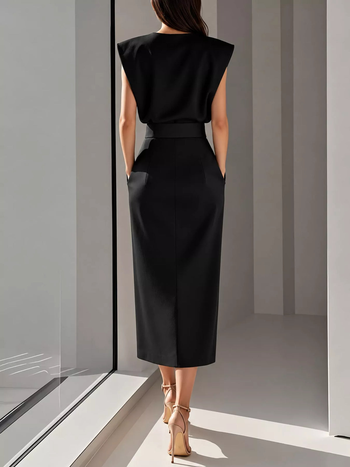 Sleeveless Midi Dress with Gold Button Detail
