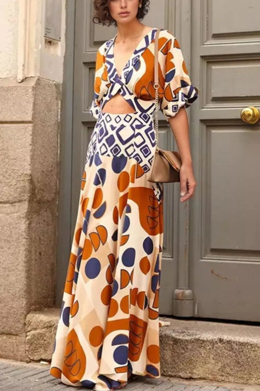 Geometric Print V-Neck Maxi Dress in Caramel by Shenori