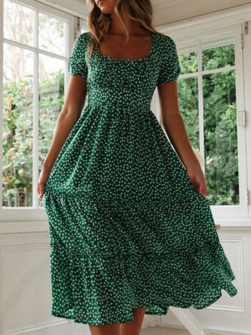 Printed Square Neck Midi Dress by Ease Mee
