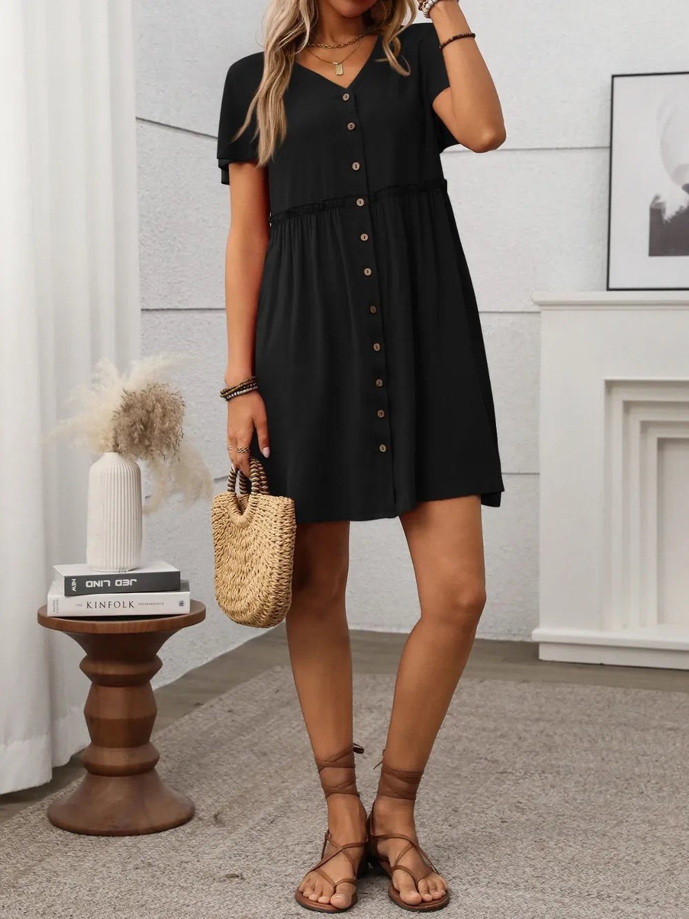 Button Front Flutter Sleeve Dress with Frill Detail