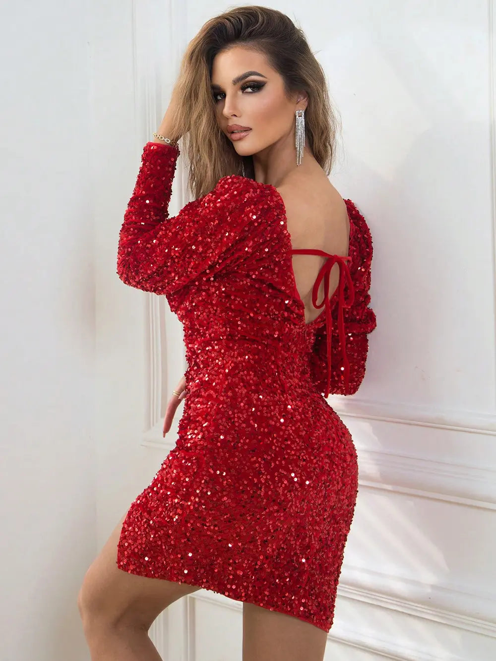 Sequin Sweetheart Neck Slit Dress in Deep Red