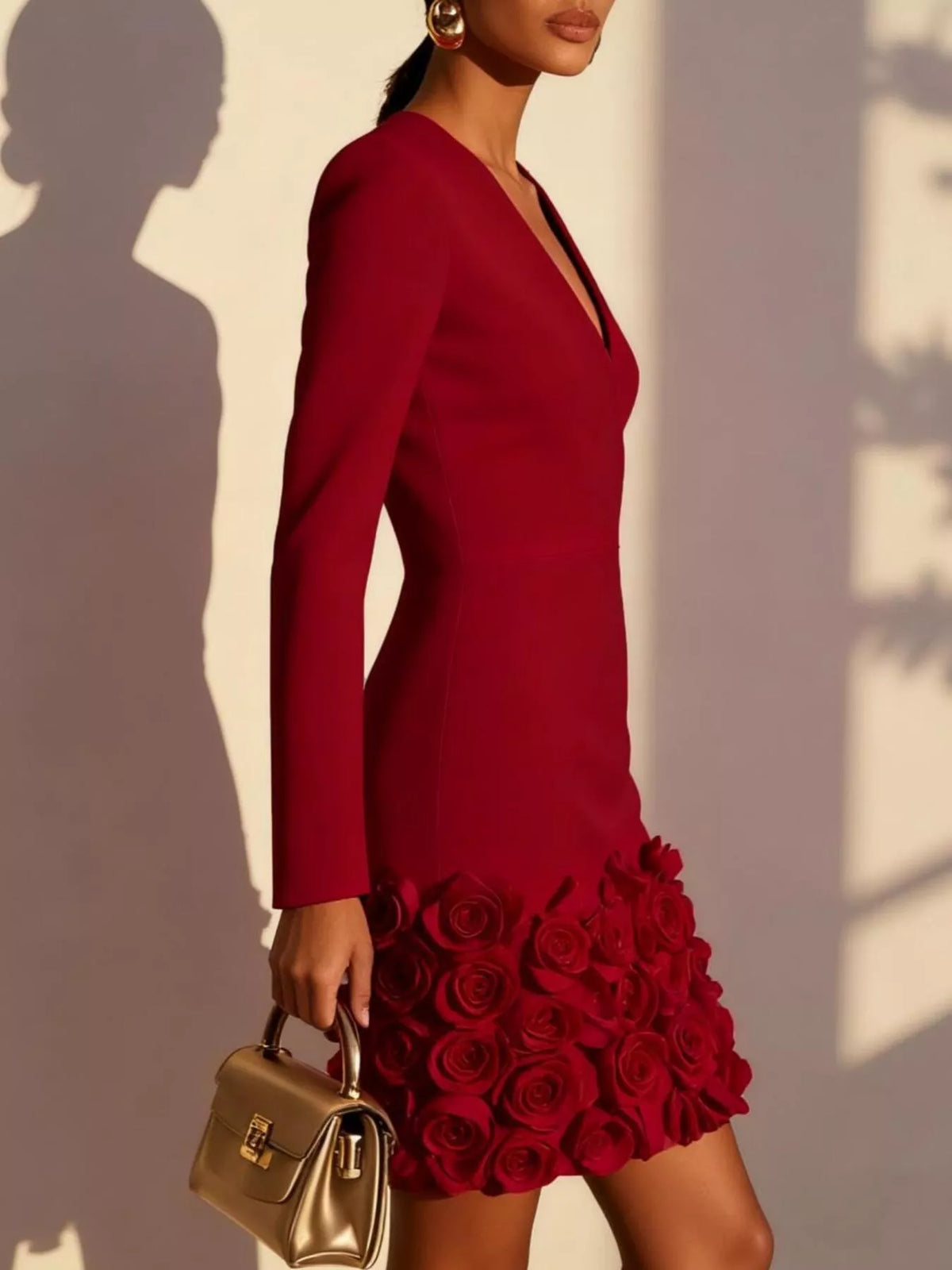 V-Neck Mini Dress with 3D Rose Appliqué Hem