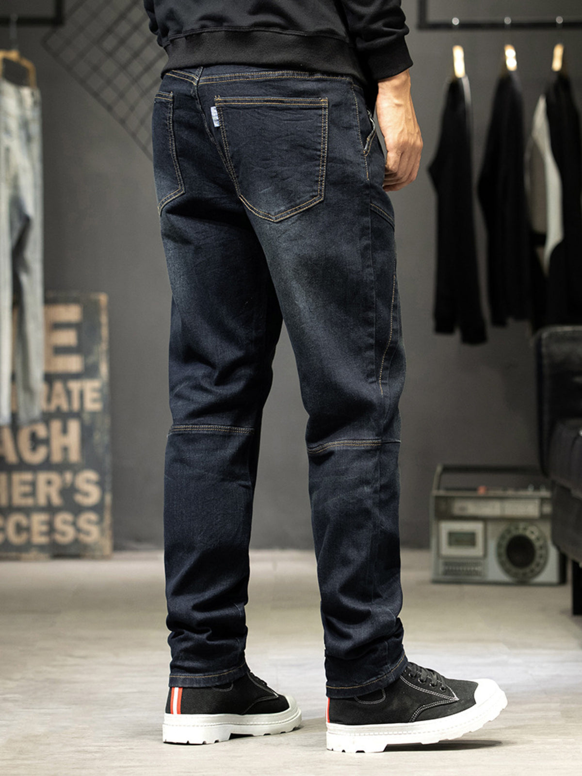 Slim-Fit Paneled Washed Jeans in Black by True Self
