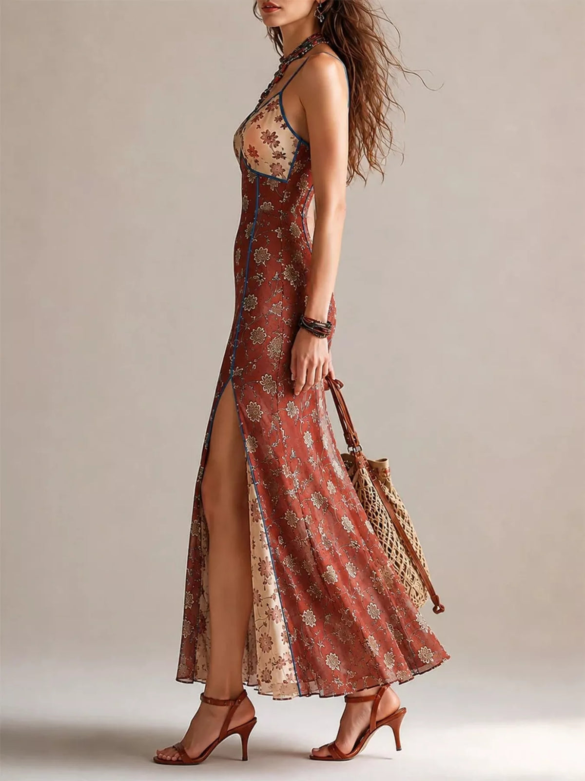 Floral Print Spaghetti Strap Maxi Dress in Rust by Yvette