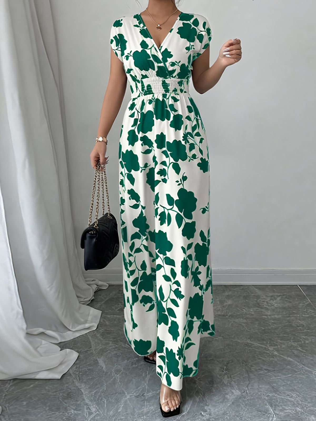 Printed Surplice Cap-Sleeve Maxi Dress