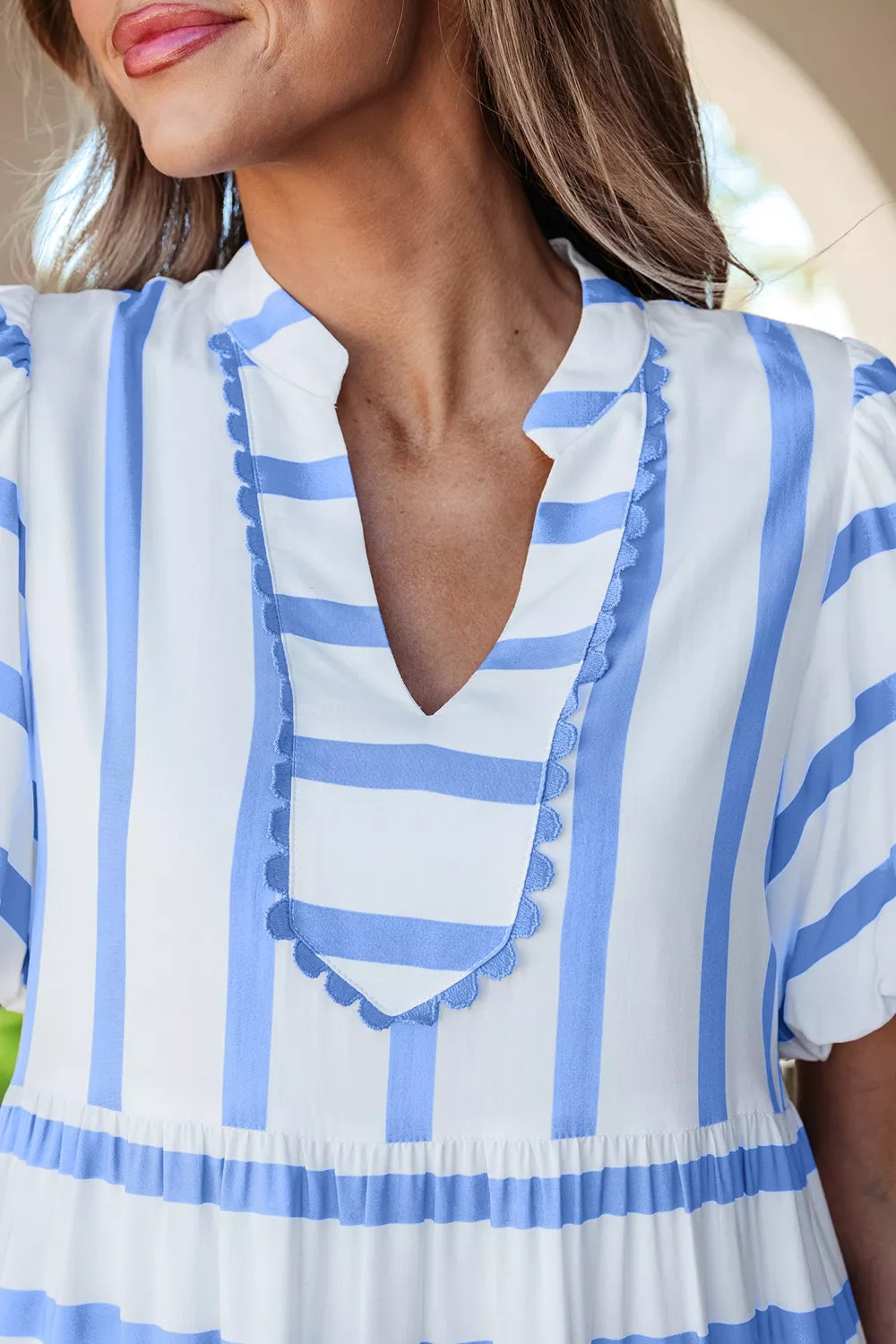 Striped Notched Neck Vacation Dress in Light Blue