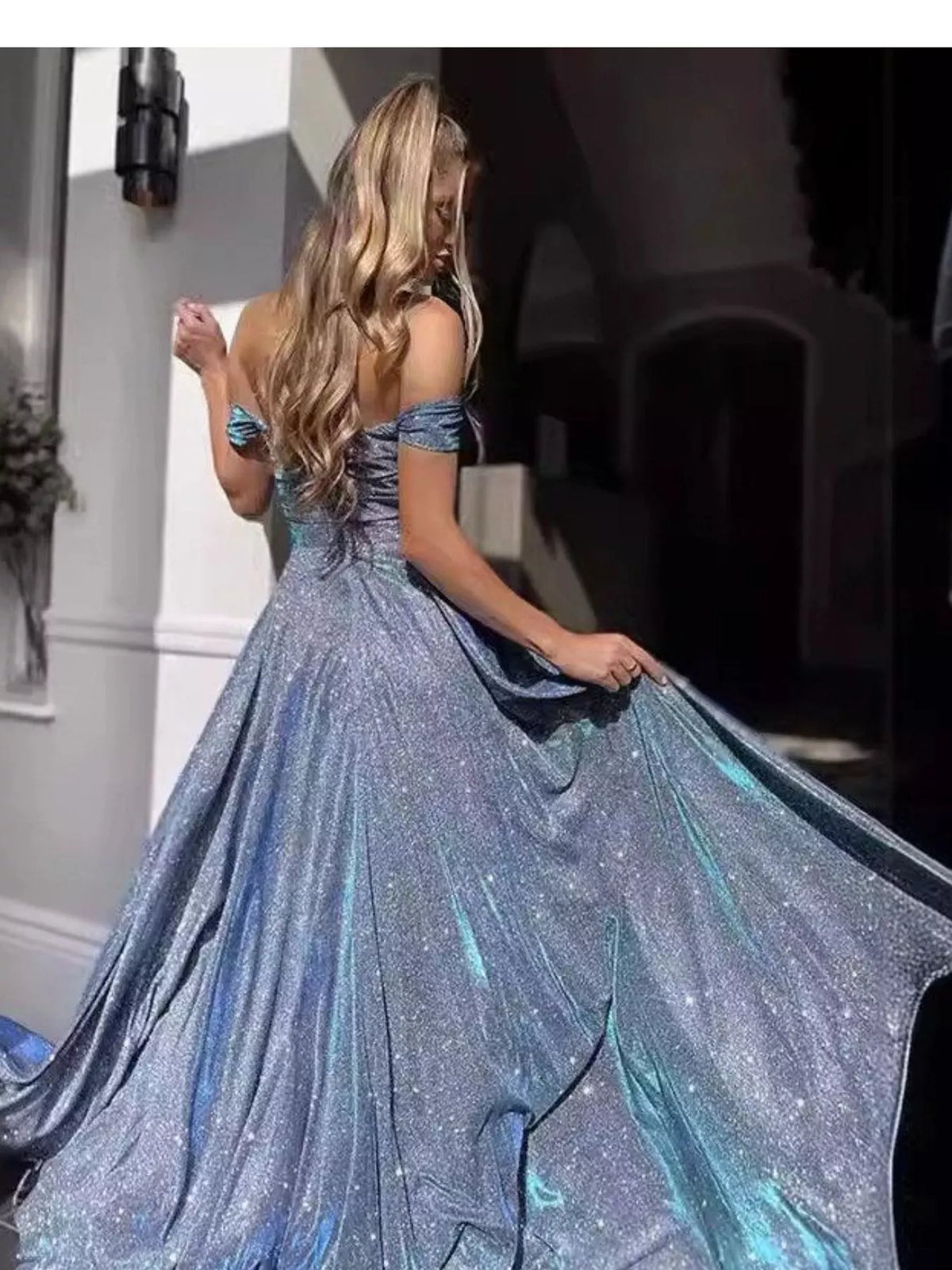 Off-Shoulder Glitter Maxi Dress in Light Blue