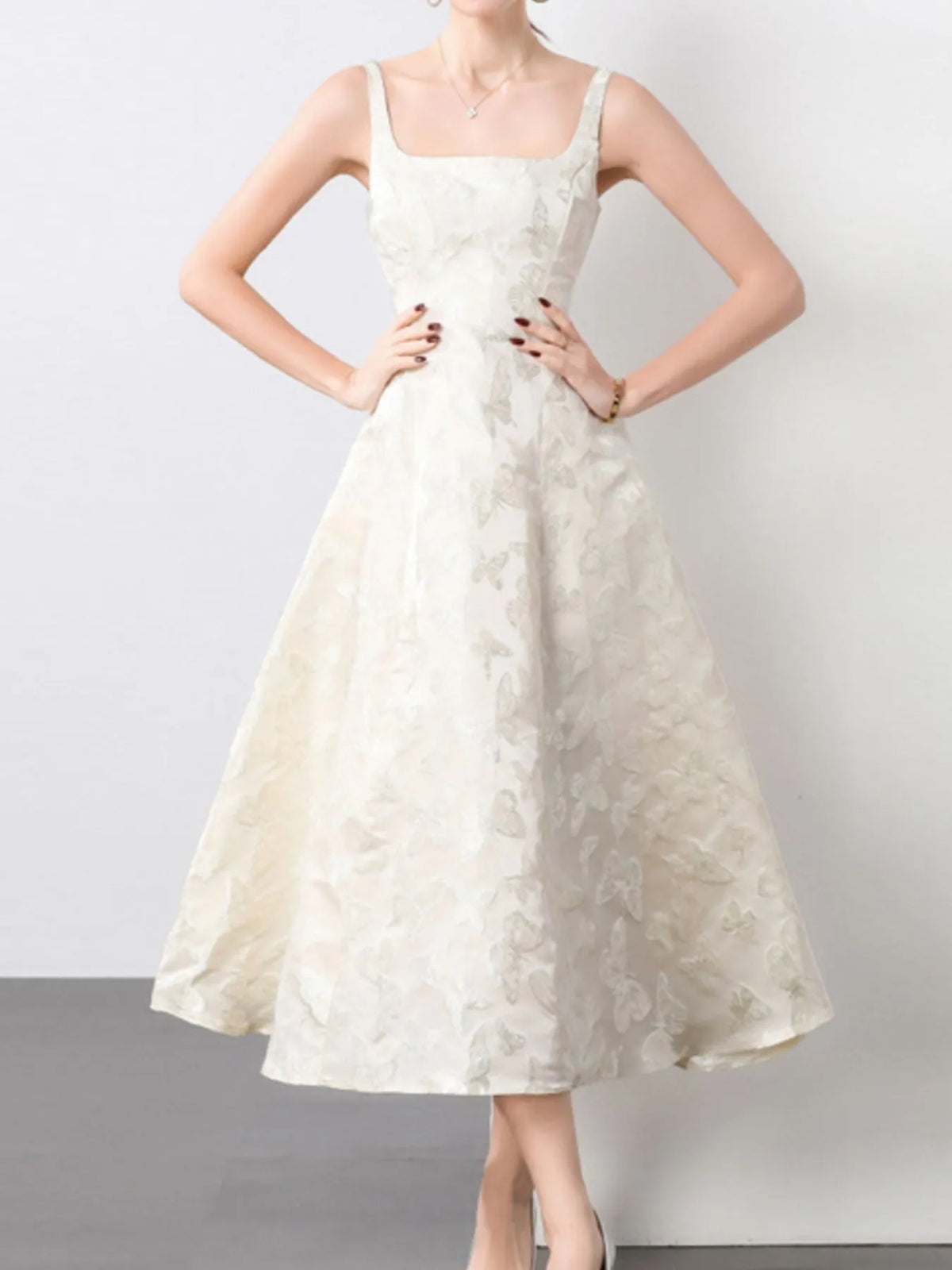Butterfly Embroidered A-Line Midi Dress in Apricot