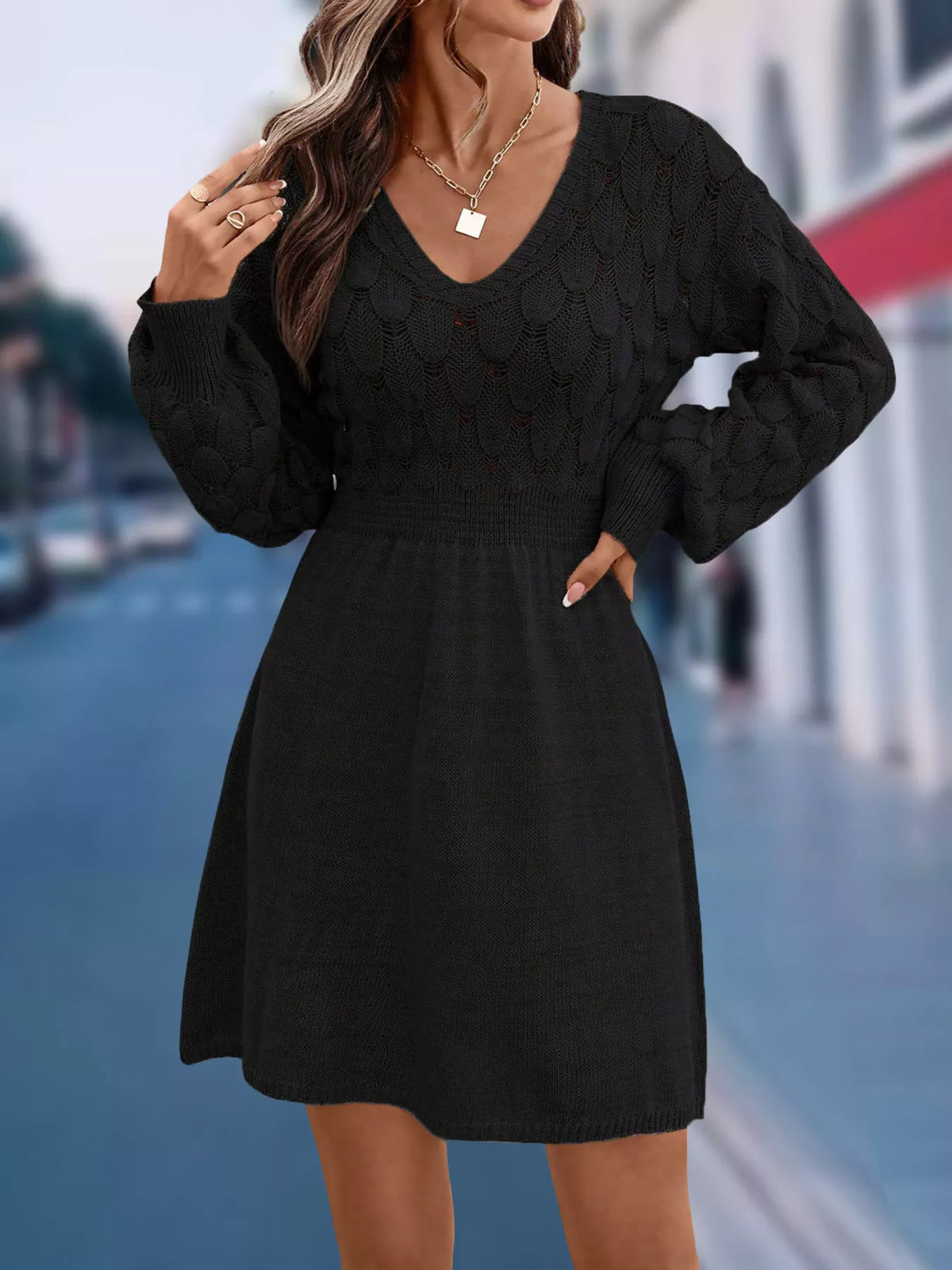 V-Neck Long Sleeve Sweater Dress with Openwork