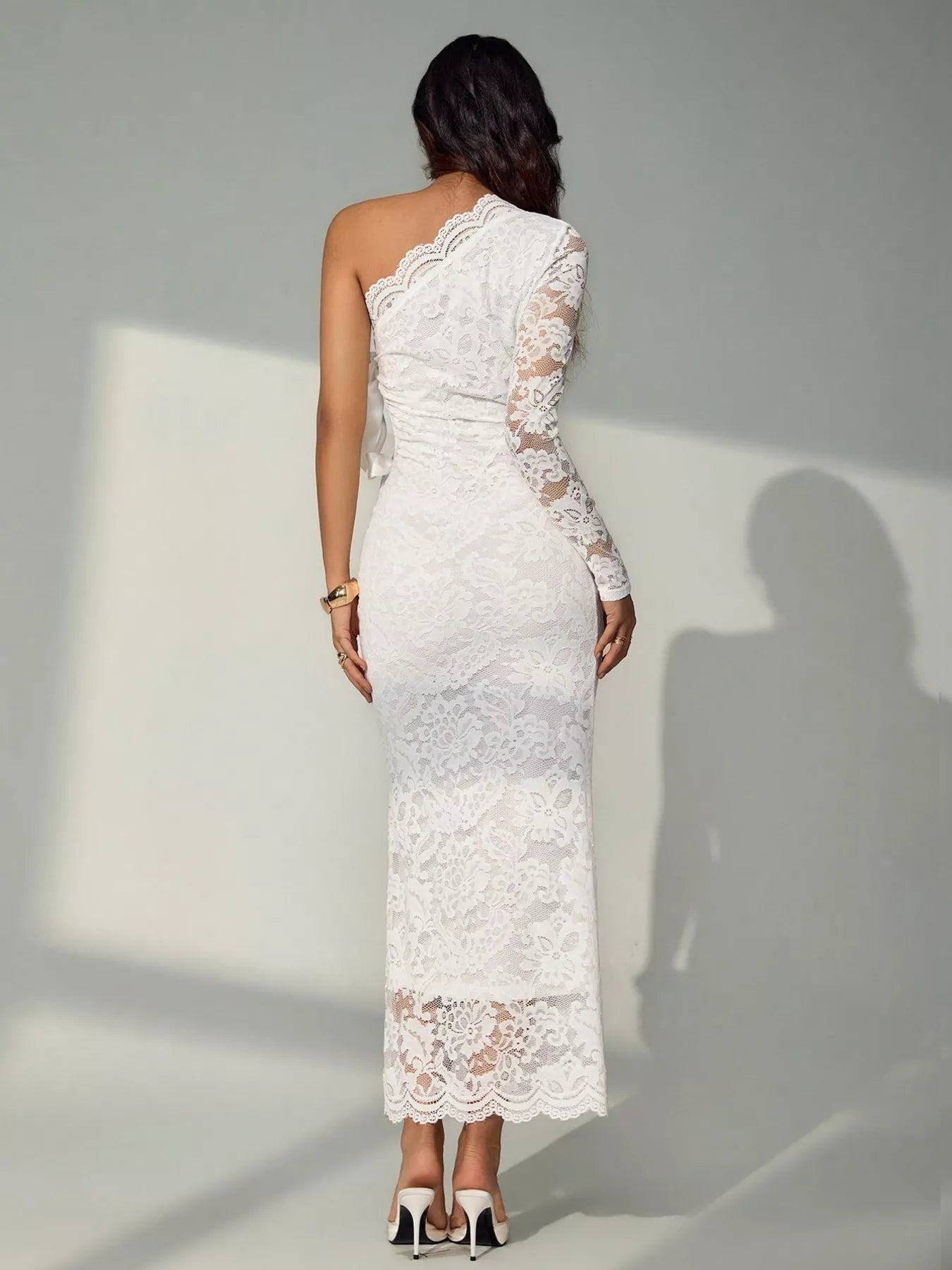 One-Shoulder Lace Cutout Midi Dress in White