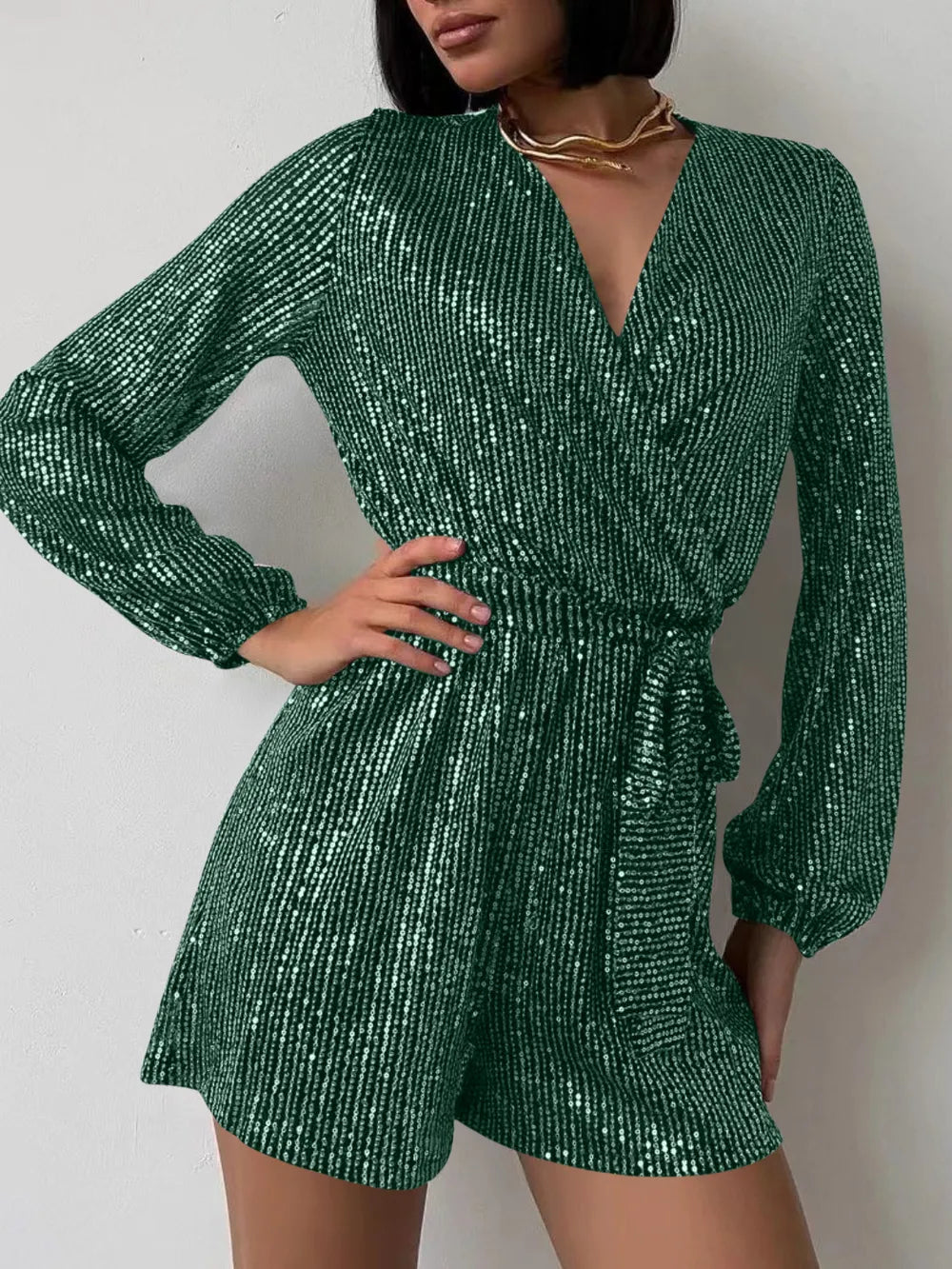 Sequin Surplice Tie Waist Romper