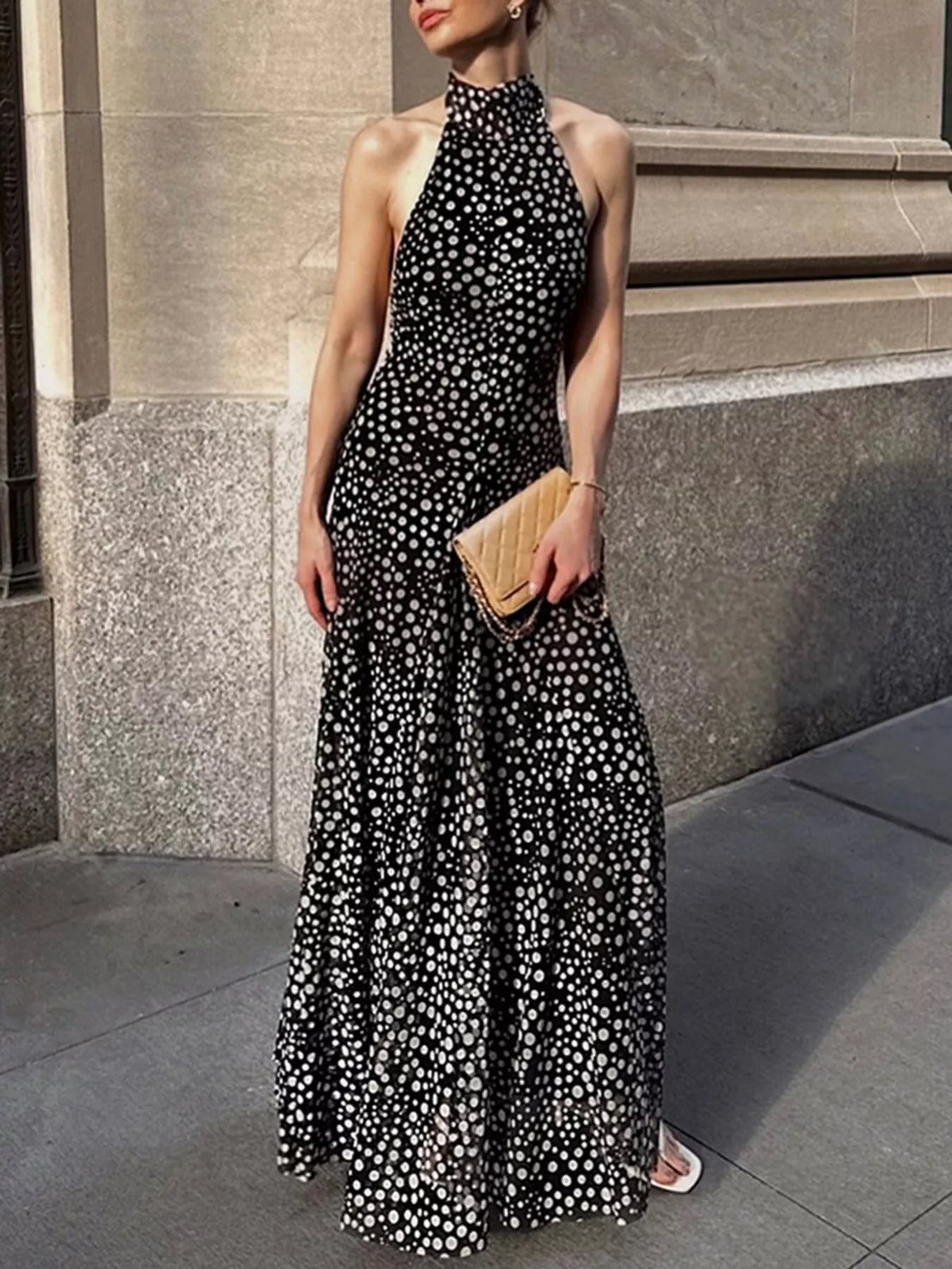 Halter Neck Polka Dot Maxi Dress in Black