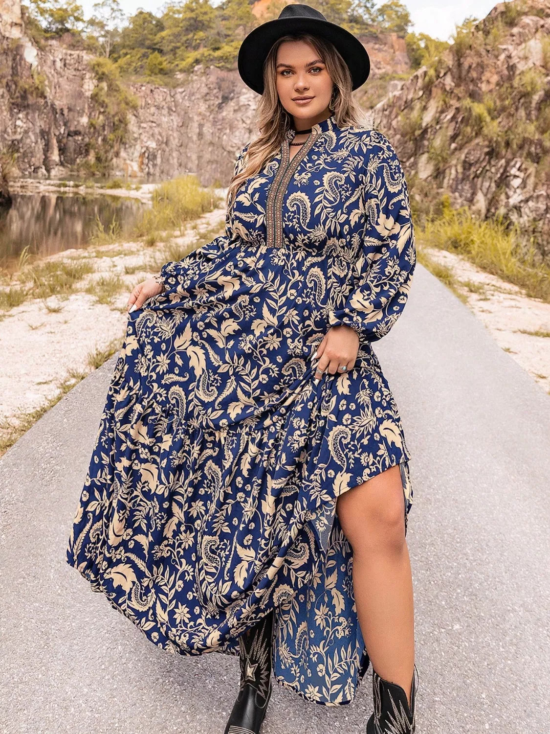 Floral Print Long Sleeve Maxi Dress in Dark Blue
