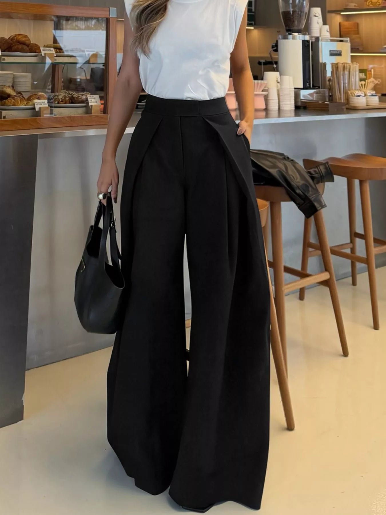 High-Waisted Wide-Leg Trousers with Pockets